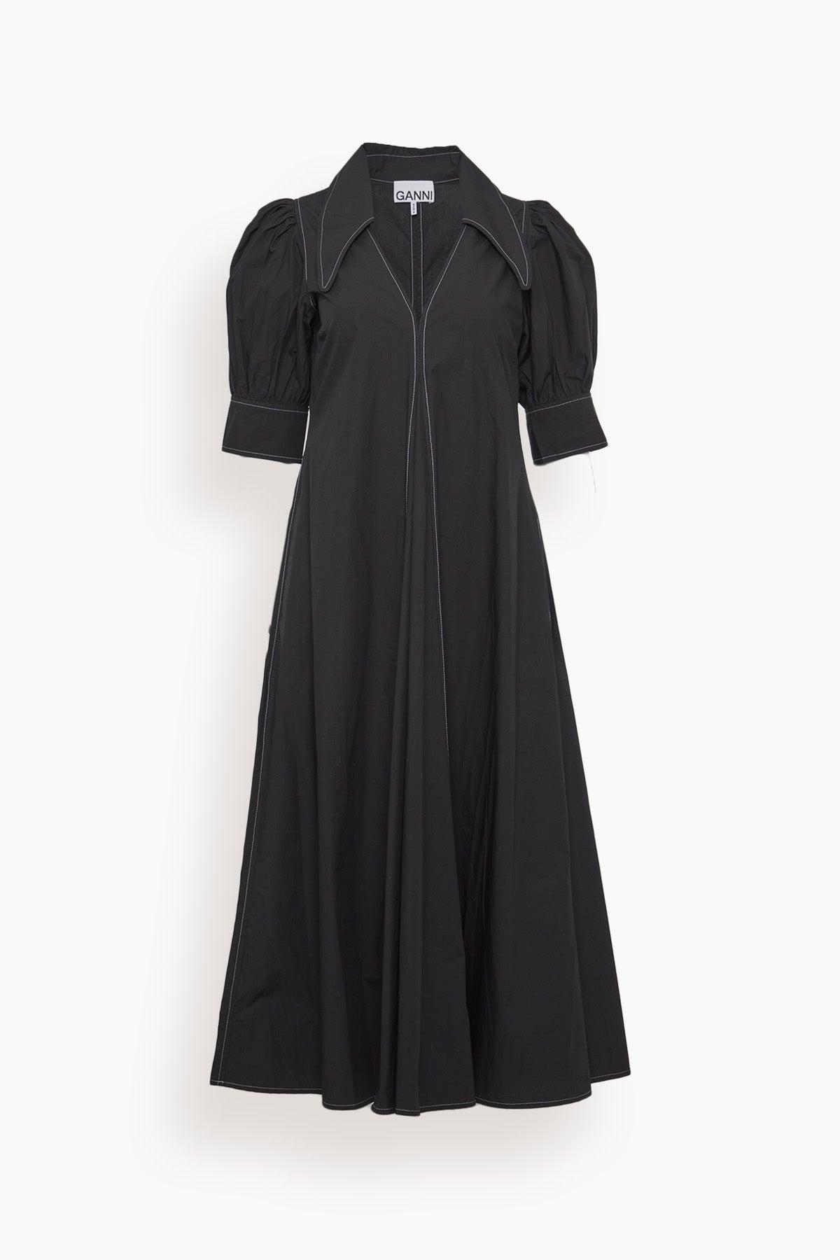 Ganni Cotton Poplin V-neck Dress in Black | Lyst