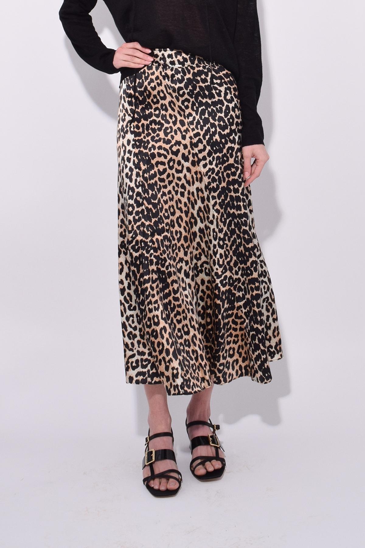 Ganni Leopard-printed Silk Midi Skirt in Black - Lyst