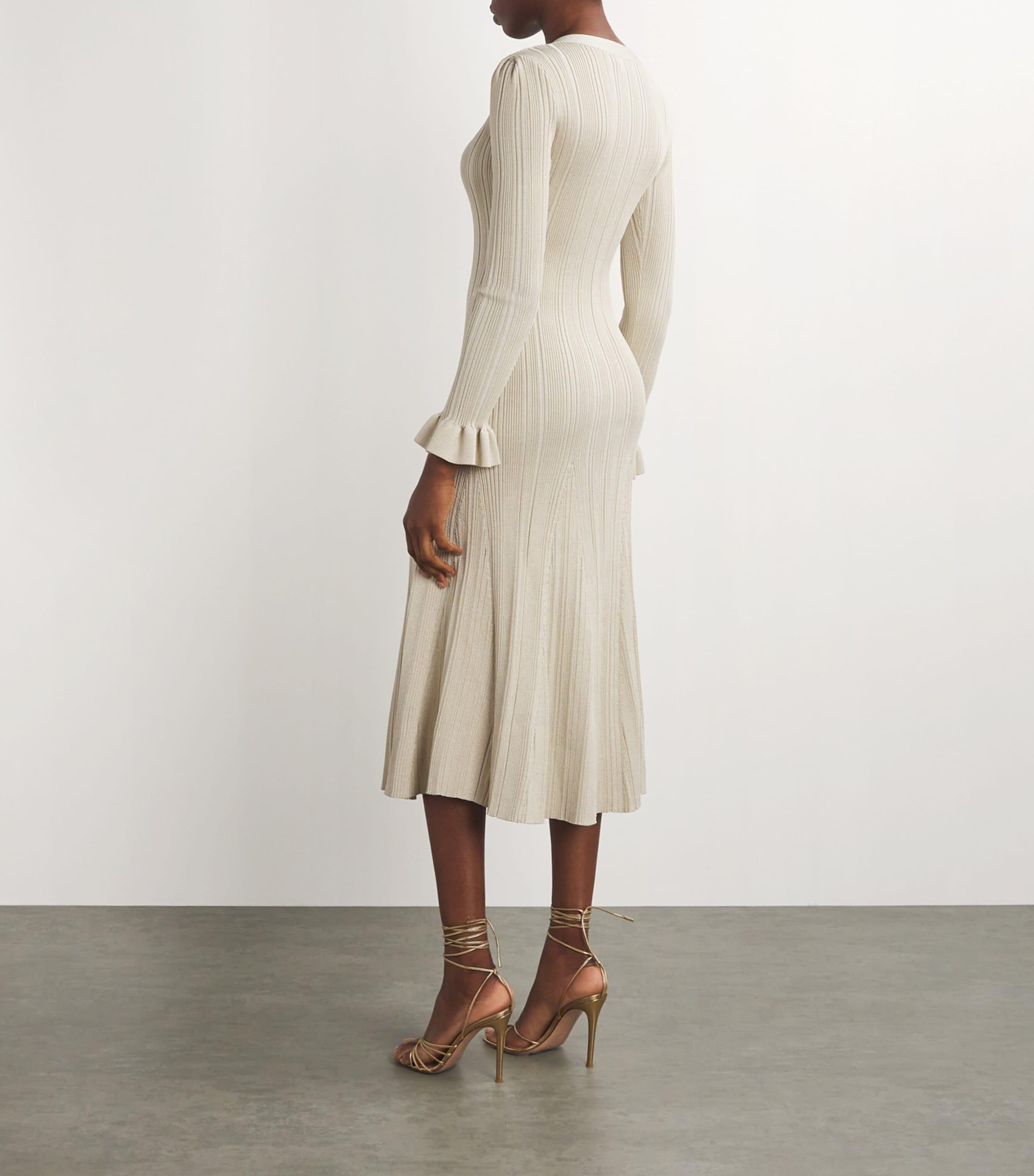 Self-Portrait Metallic Ribbed Midi Dress in Natural | Lyst