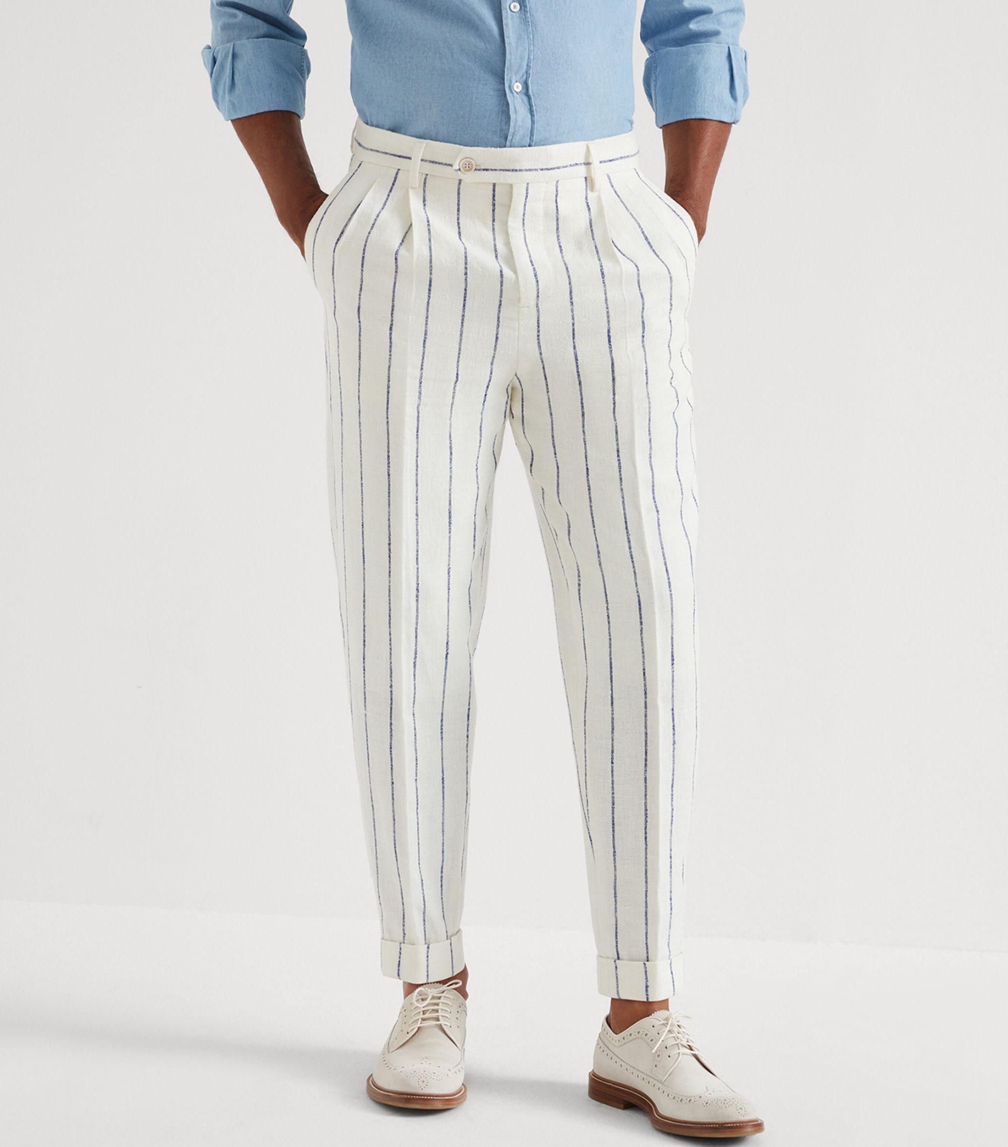 Brunello Cucinelli Linen-wool Chalk-stripe Trousers in White