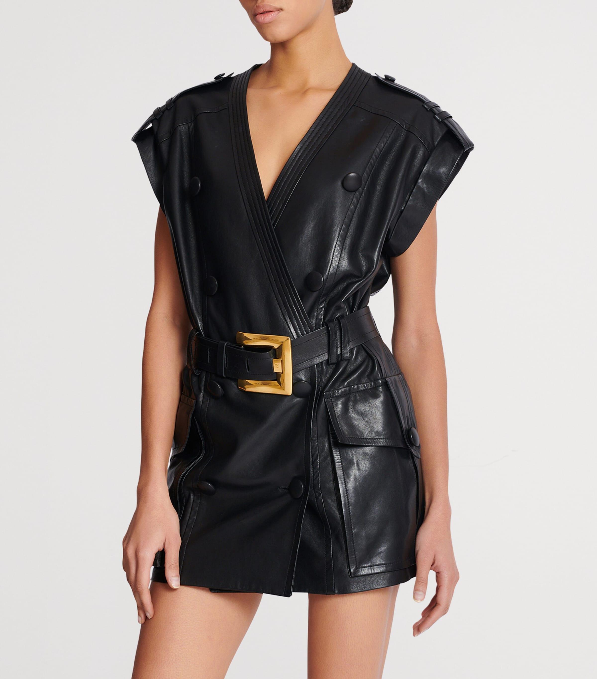 leather balmain dress With A Waist Belt in Black strapless floral mini dress