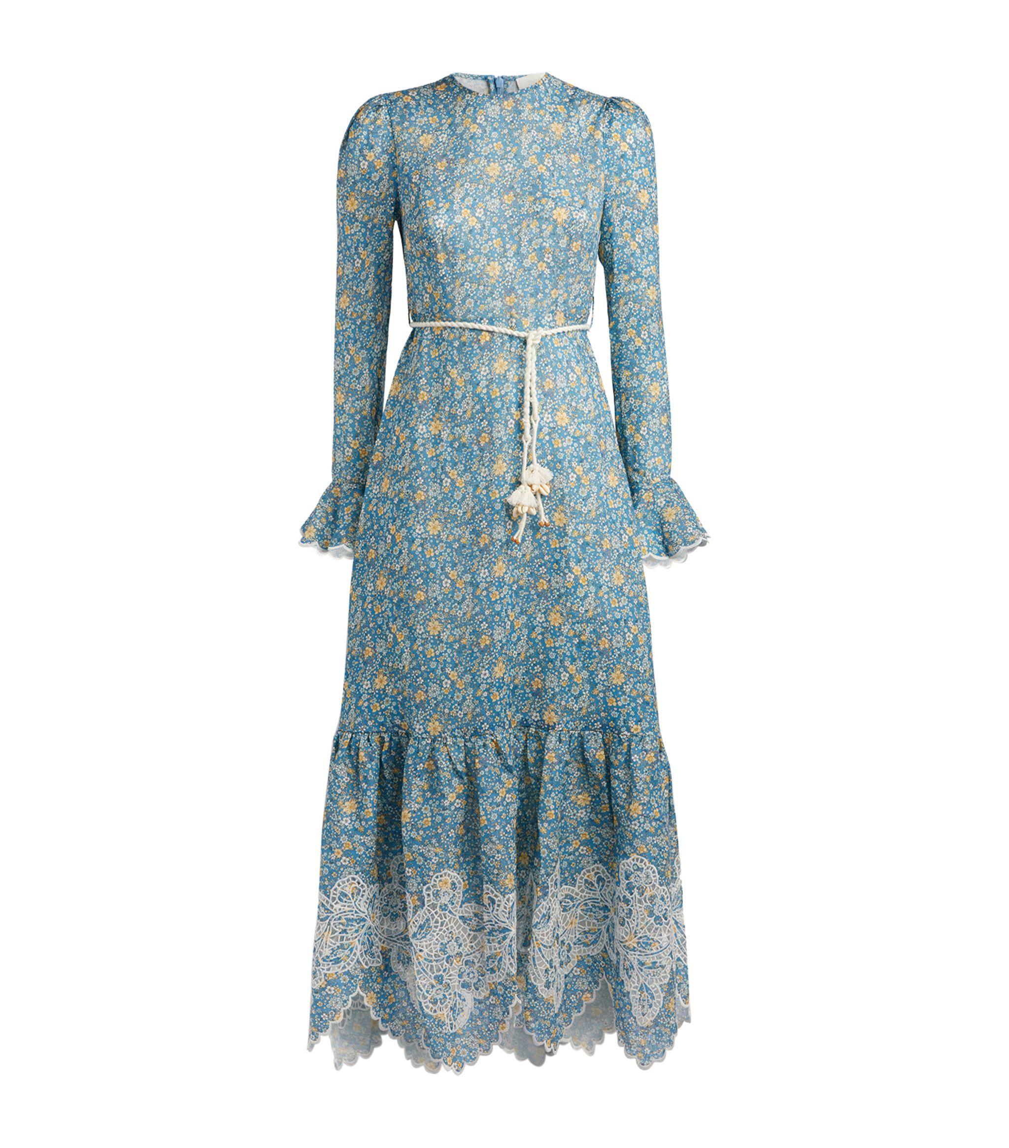 Zimmermann Carnaby Rope-belt Floral-print Linen Midi Dress in Blue 