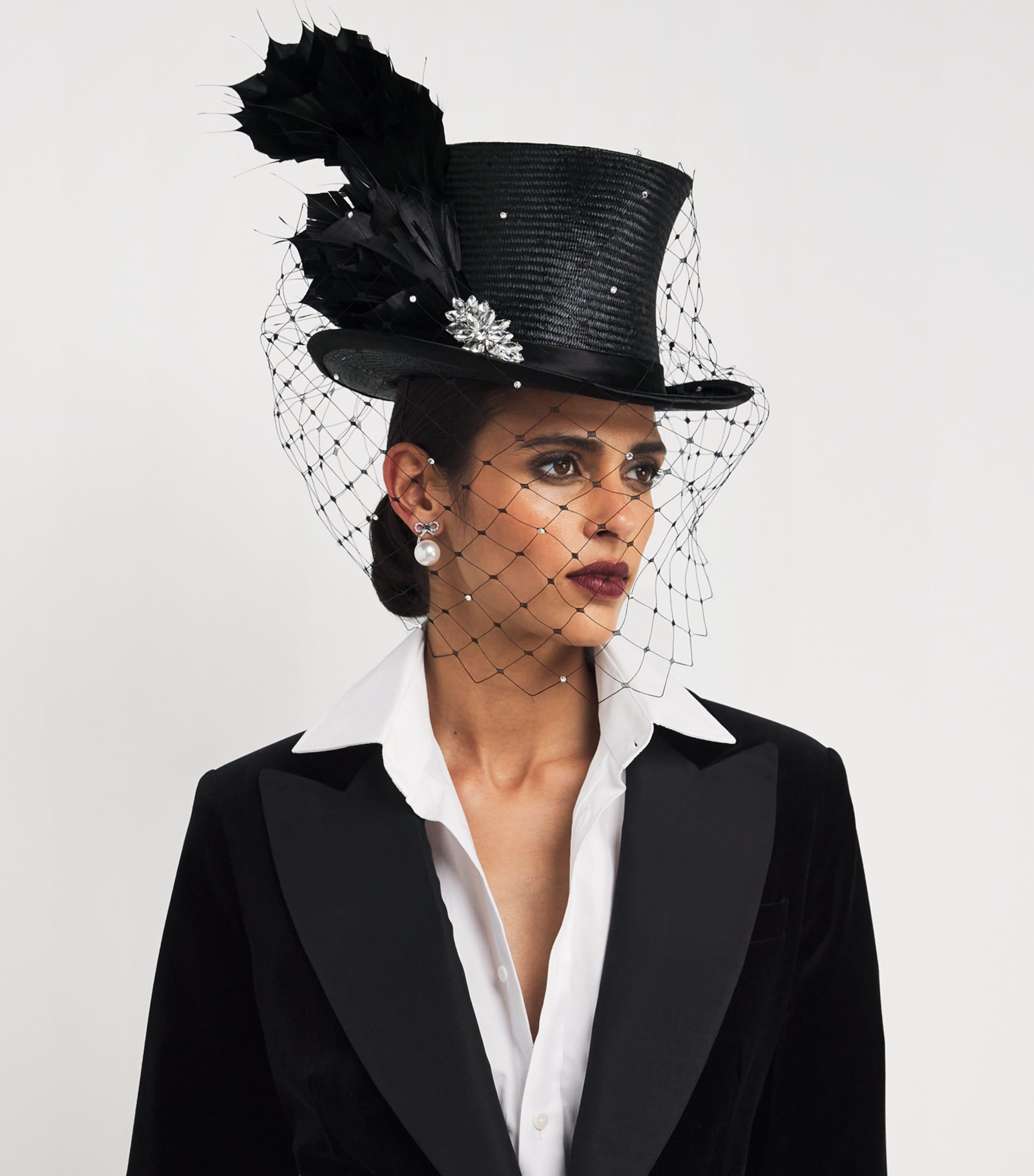Victoria Grant Feathered Veil Top Hat Fascinator in Black | Lyst