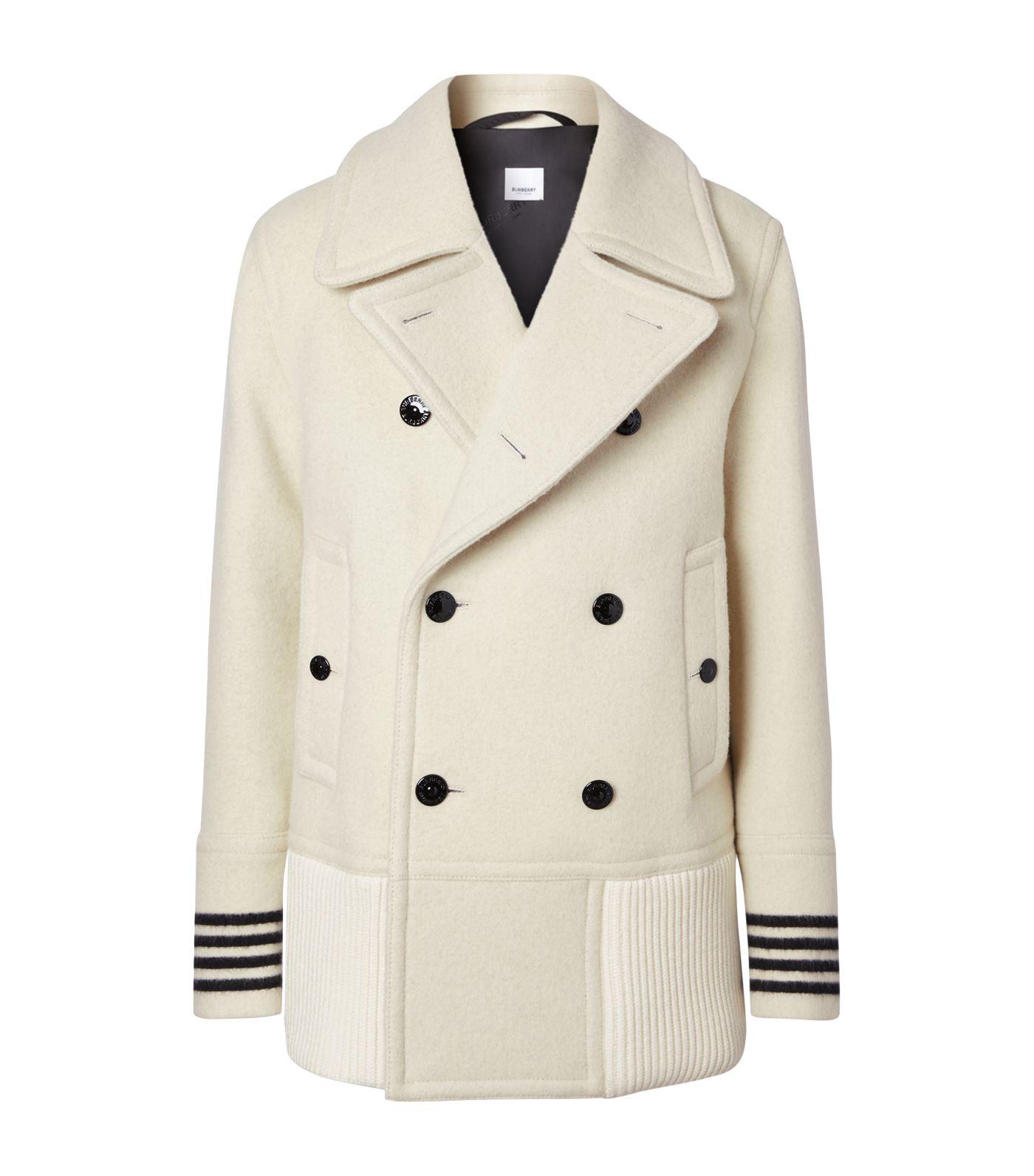 Burberry Wool Striped Cuff Pea Coat in White for Men | Lyst