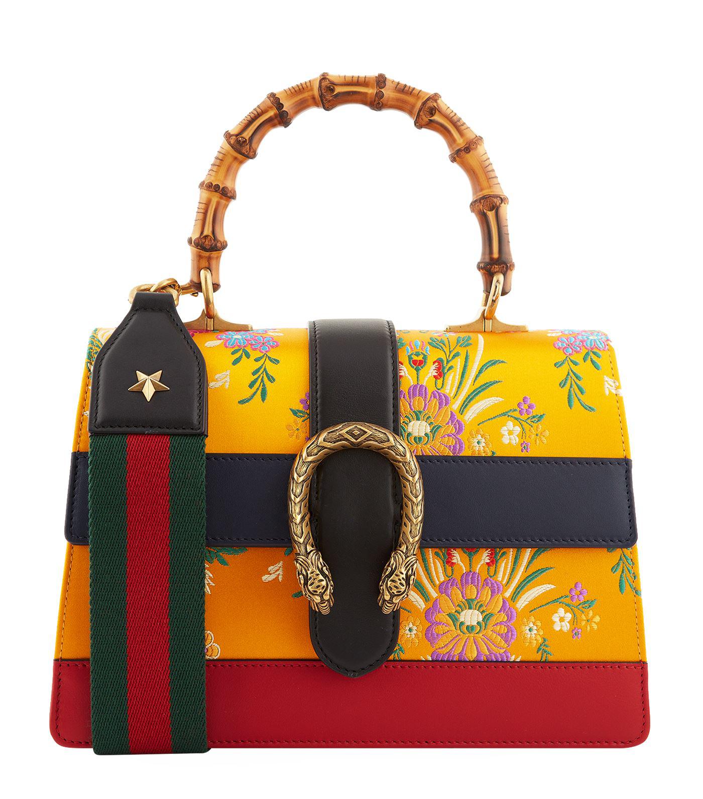 Gucci Silk Mini Dionysus Floral Jacquard Top Handle Bag in Yellow 