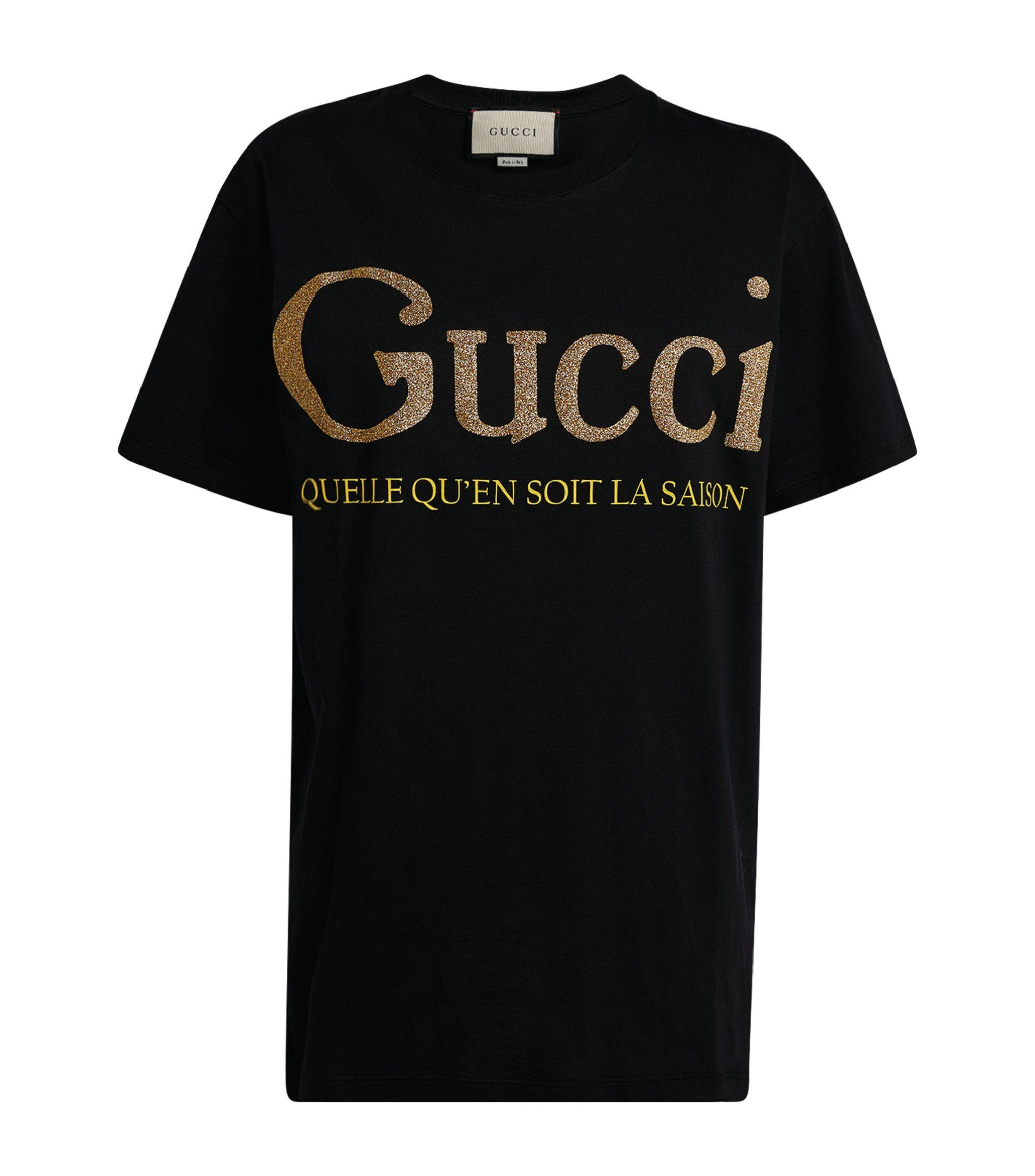  Gucci  Cotton Slogan  T shirt in Black Gold Black Save 