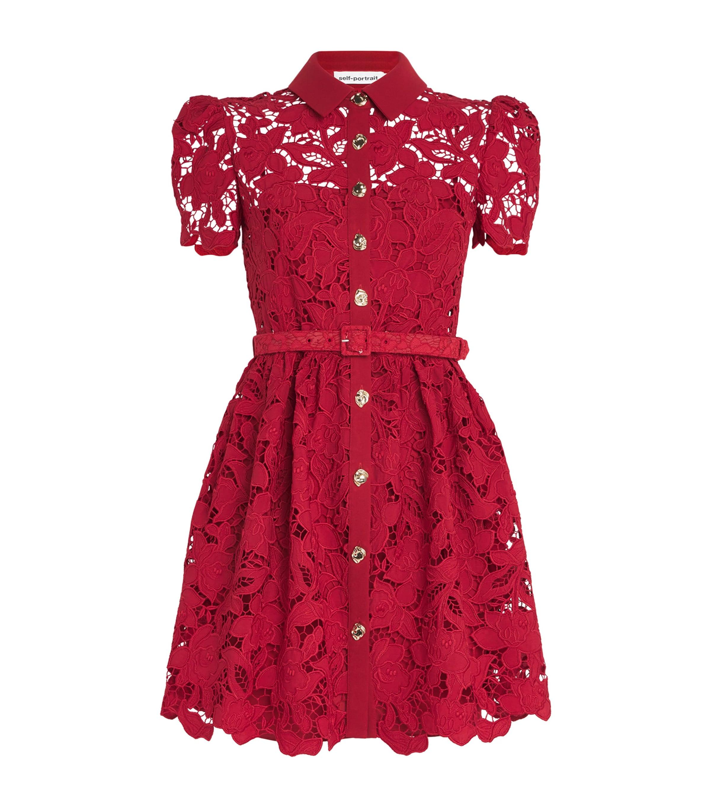 Self-Portrait Lace Belted Mini Dress in Red | Lyst