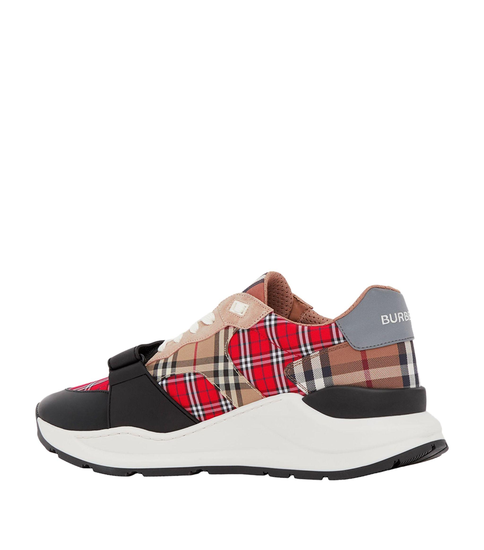 Burberry Leather-trim Contrast Check Sneakers in Red for Men | Lyst