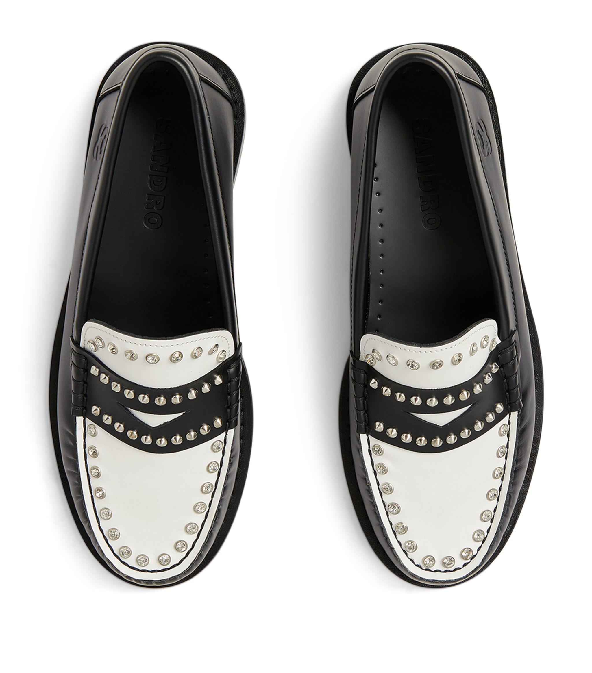 Women’s Sandro Black and White Studded Leather Penny Loafers Sandro Leather Two-Tone Studded Loafers in Black | Lyst main image 2