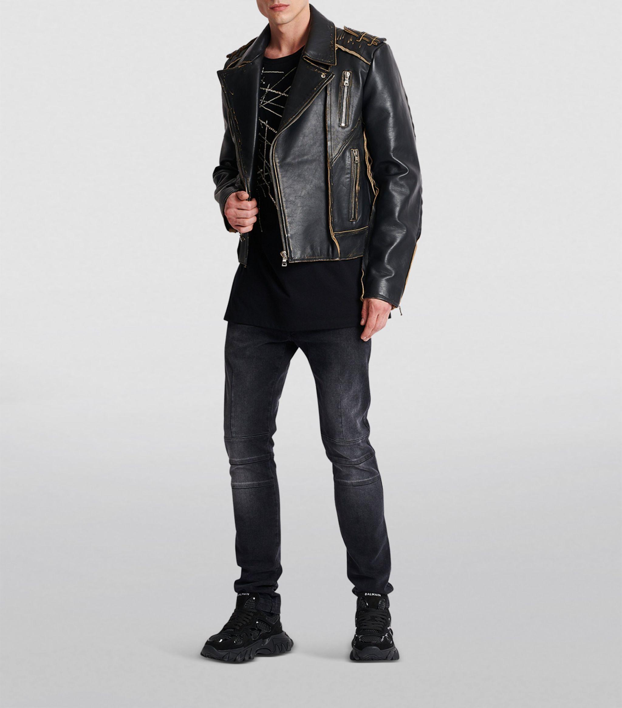 Balmain Distressed Leather Jacket in Black for | Lyst