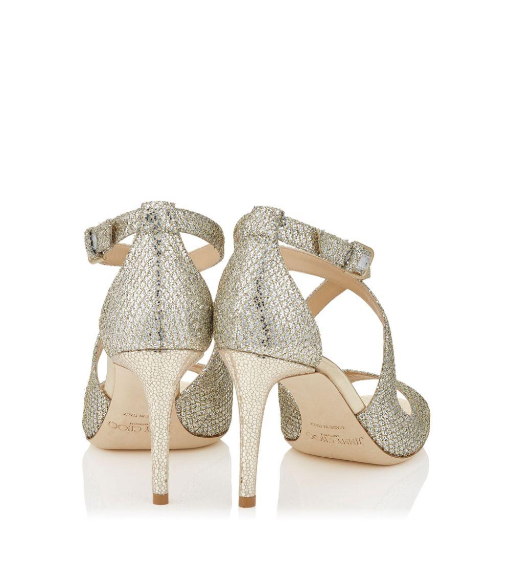 Jimmy Choo Emily 85 Champagne Glitter Heeled Sandals in