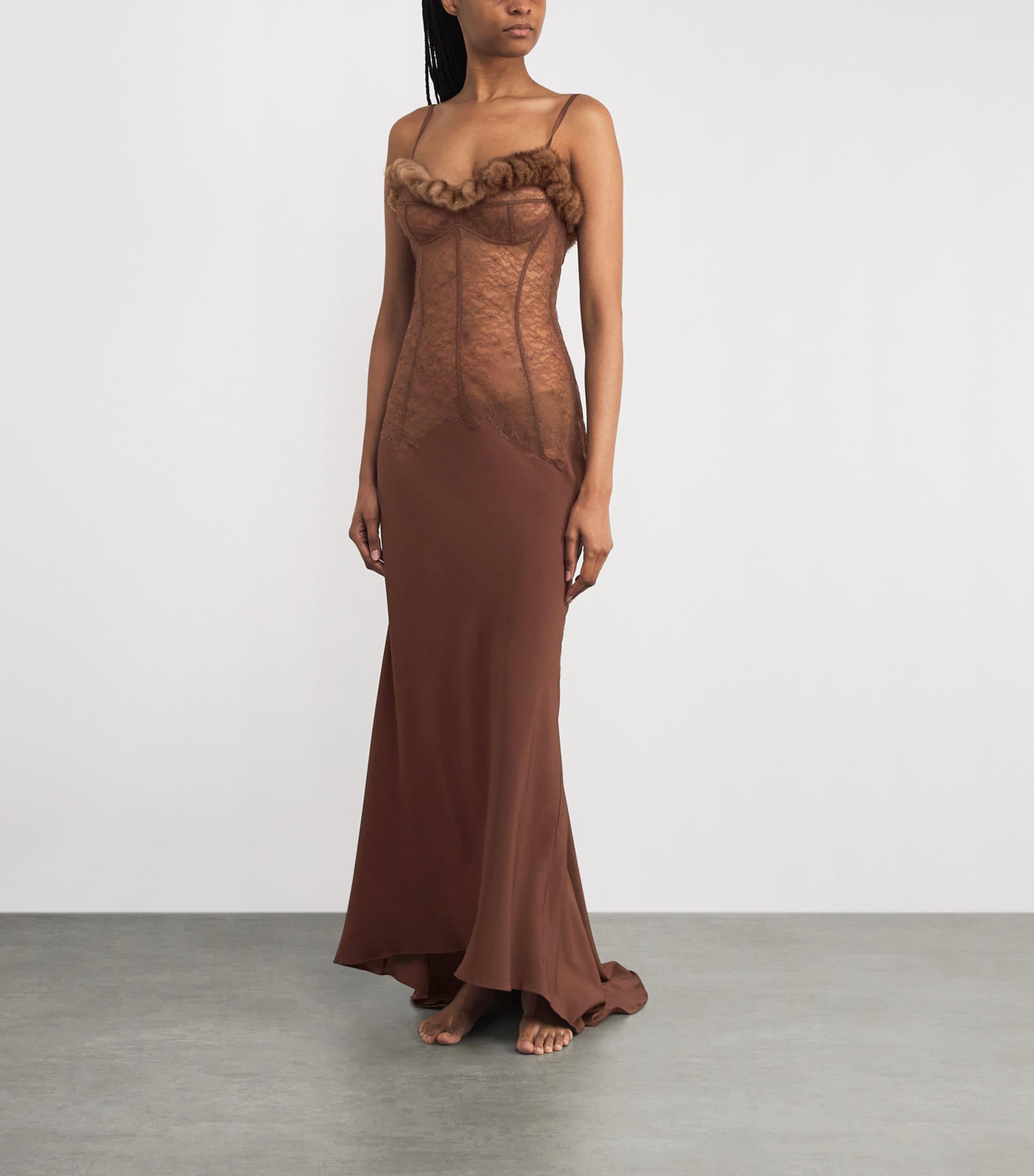 Rosamosario Mink-Silk Lace Slip Maxi Dress in Brown | Lyst Rosamosario Mink-Silk Lace Slip Maxi Dress in Brown | Lyst