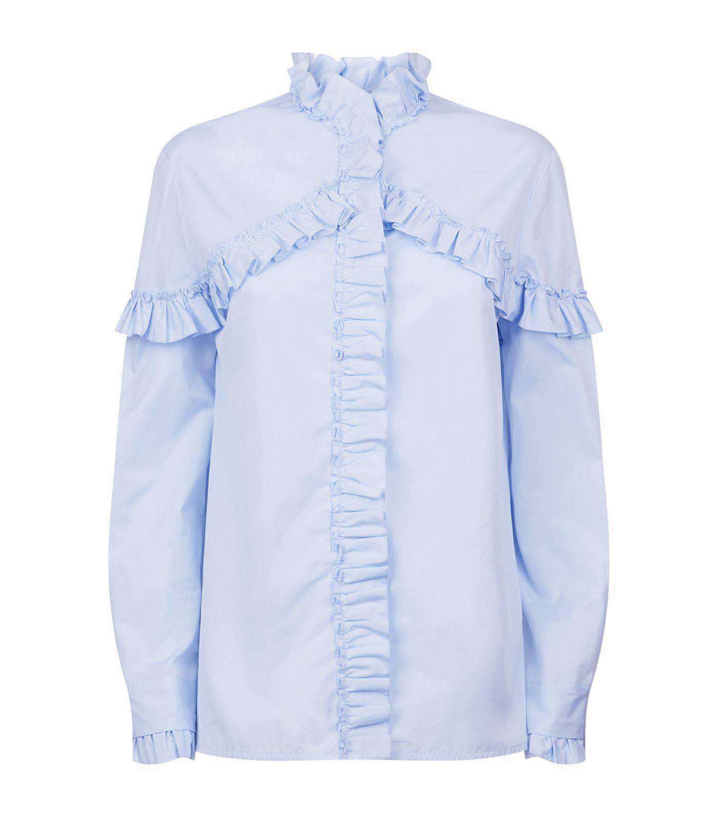 Sandro Cotton Ruffle Trim Shirt in Blue 