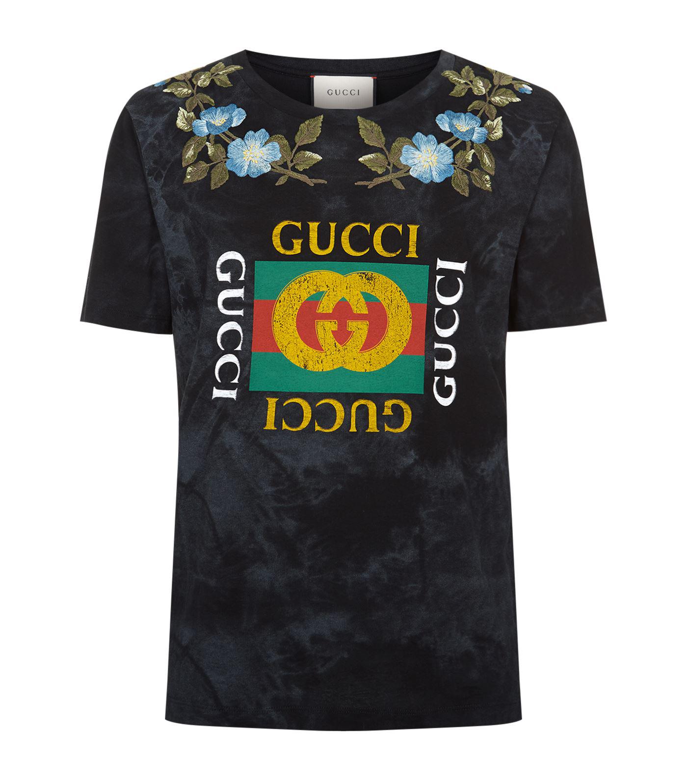 Kirken desinficere kobling Gucci Embroidered Floral Logo T-shirt in Black for Men | Lyst