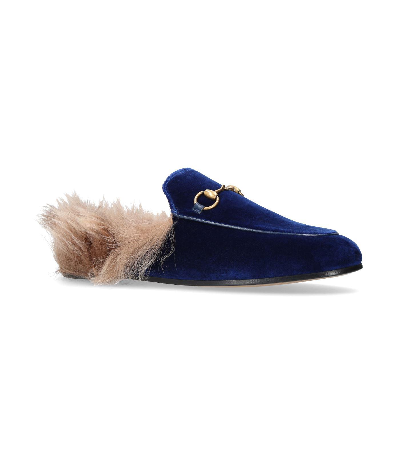 Gucci Princetown Fur-lined Velvet Slippers in Blue | Lyst