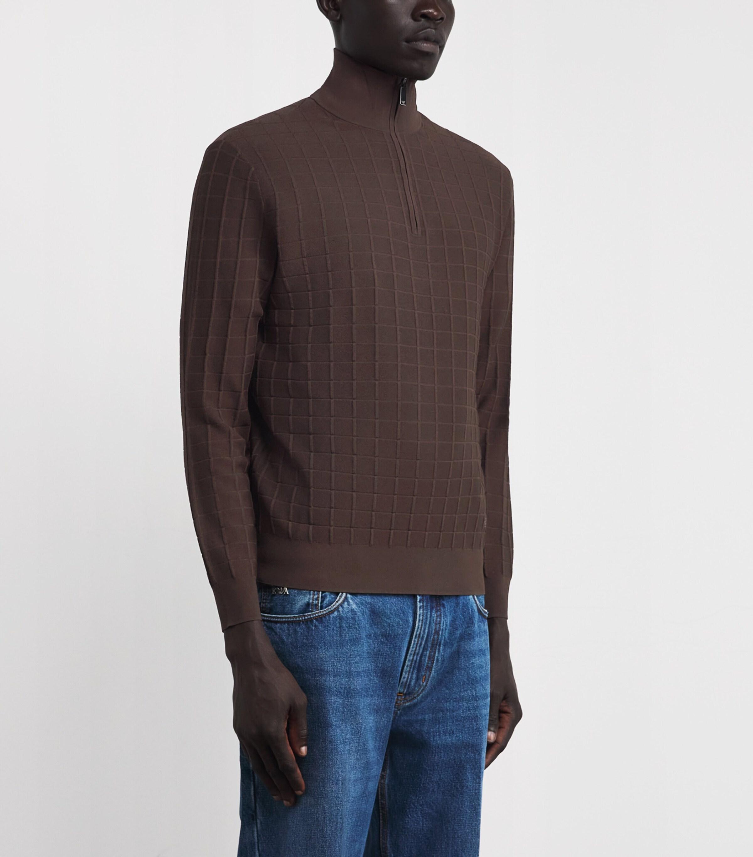 Emporio Armani Check-Knit Quarter-Zip Sweater in Brown for Men | Lyst