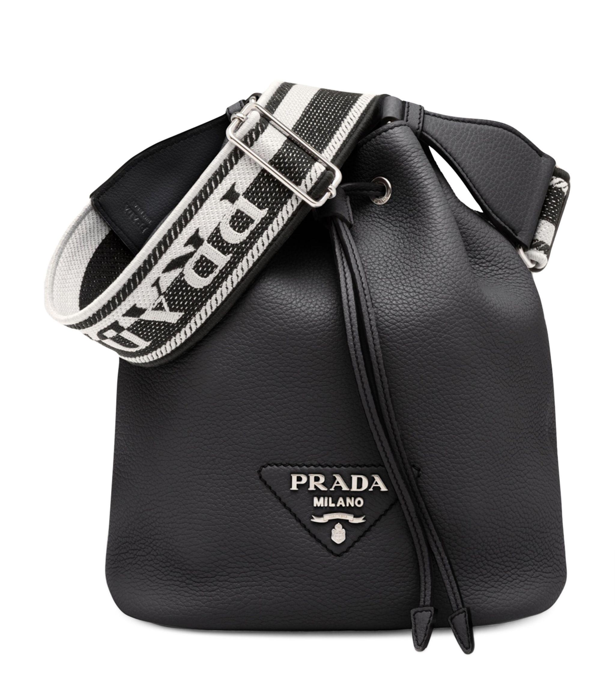 Prada Leather Logo Bucket Bag in Black