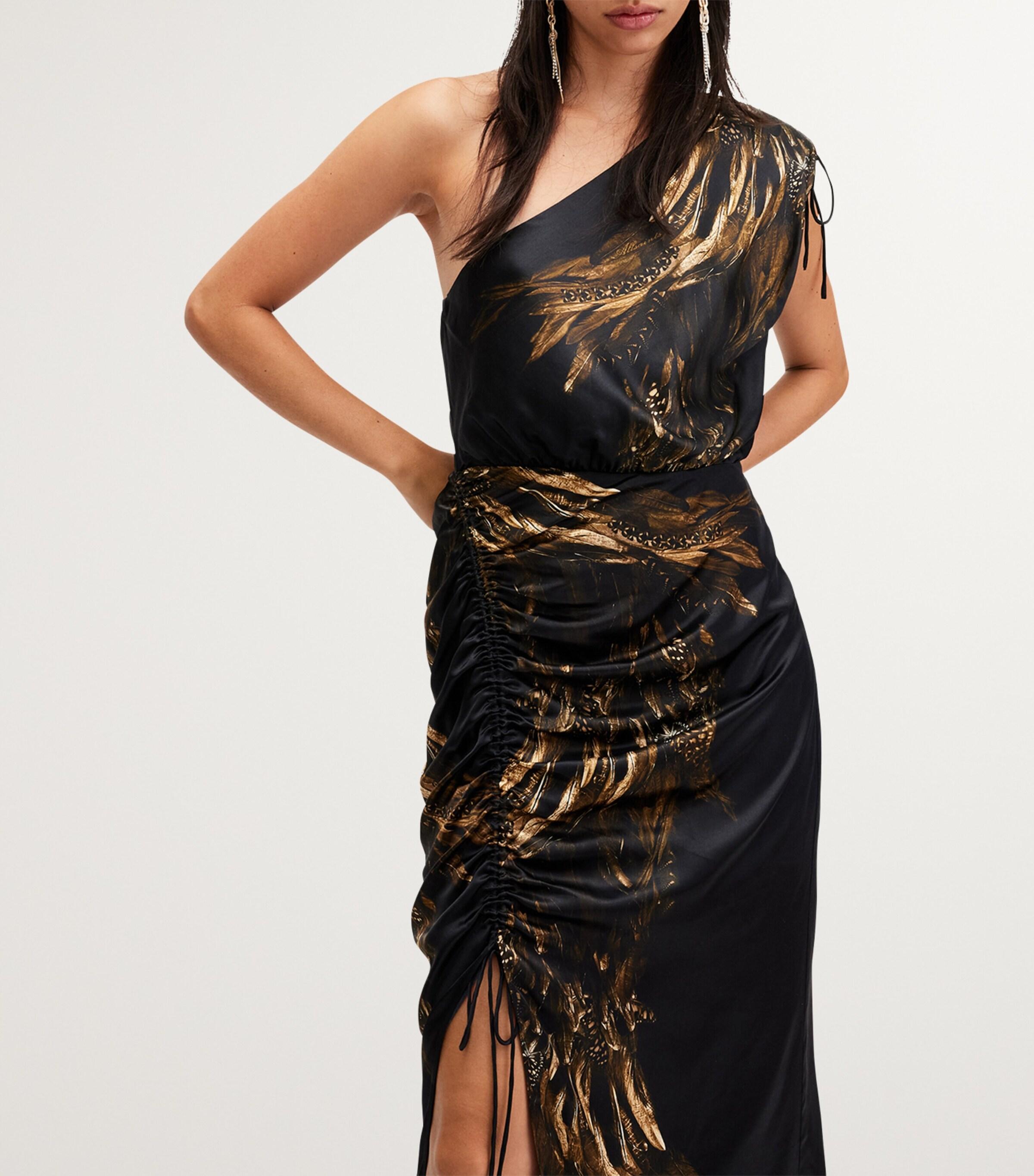 AllSaints Ruched Laura Midi Dress in Black | Lyst