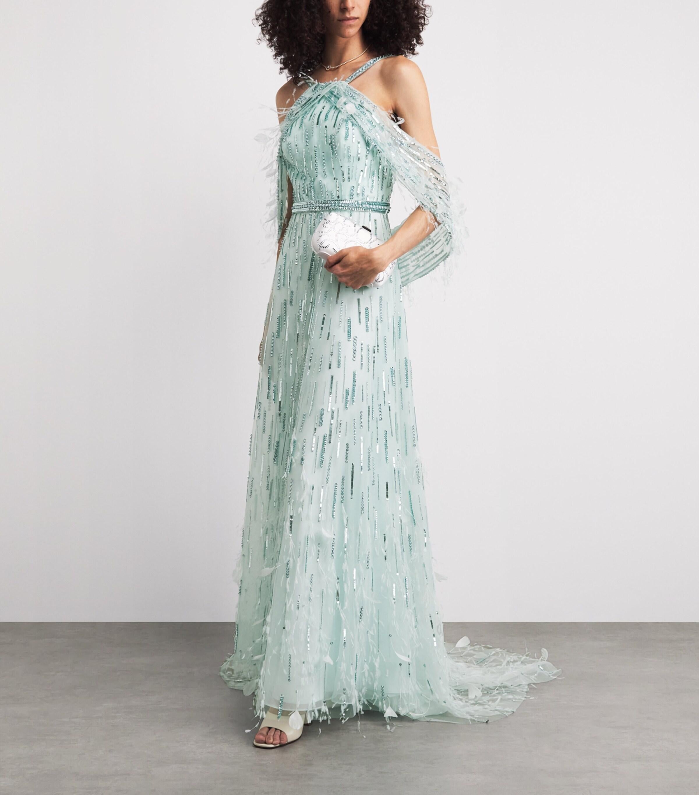 slim fit dress slacks Pamella Roland Breaded Emerald Evening Gown main image 0