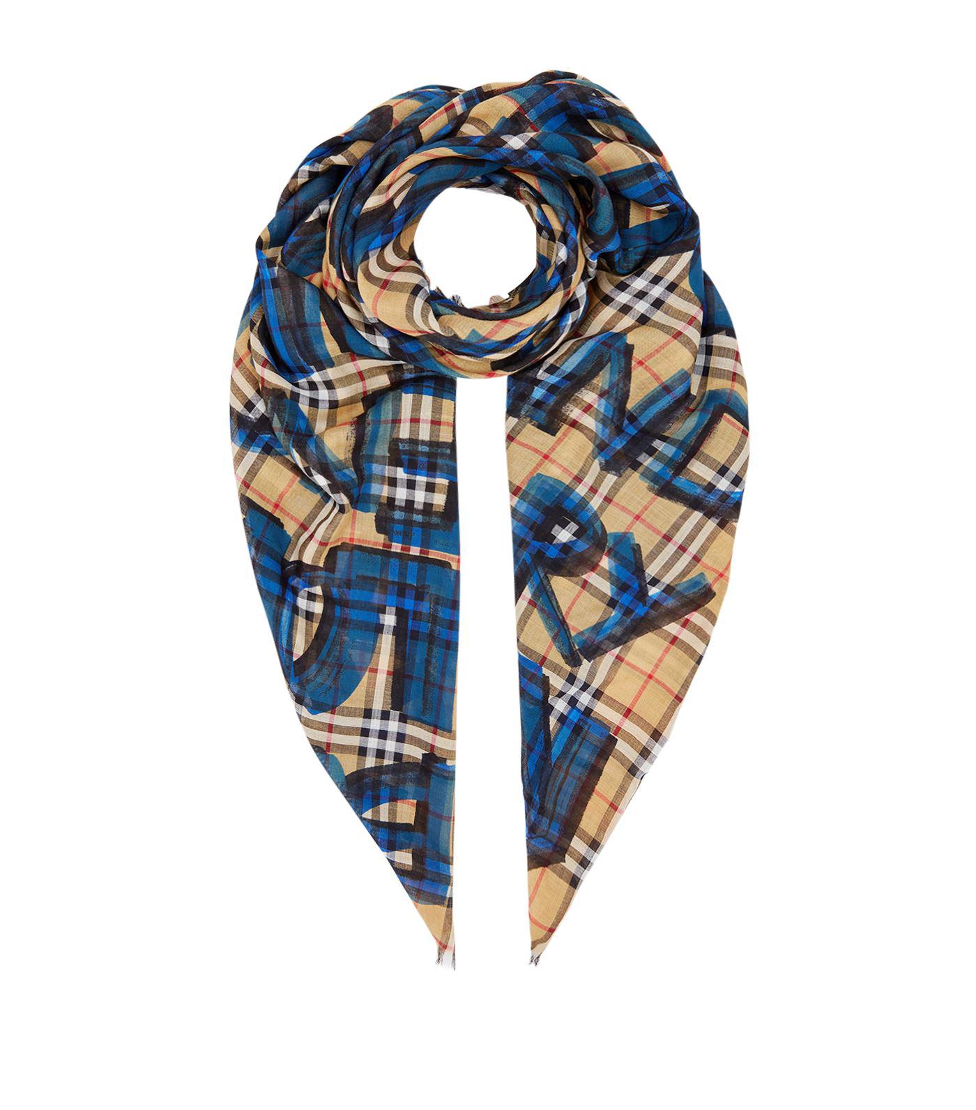 Graffiti Logo Check Print Scarf in Blue 