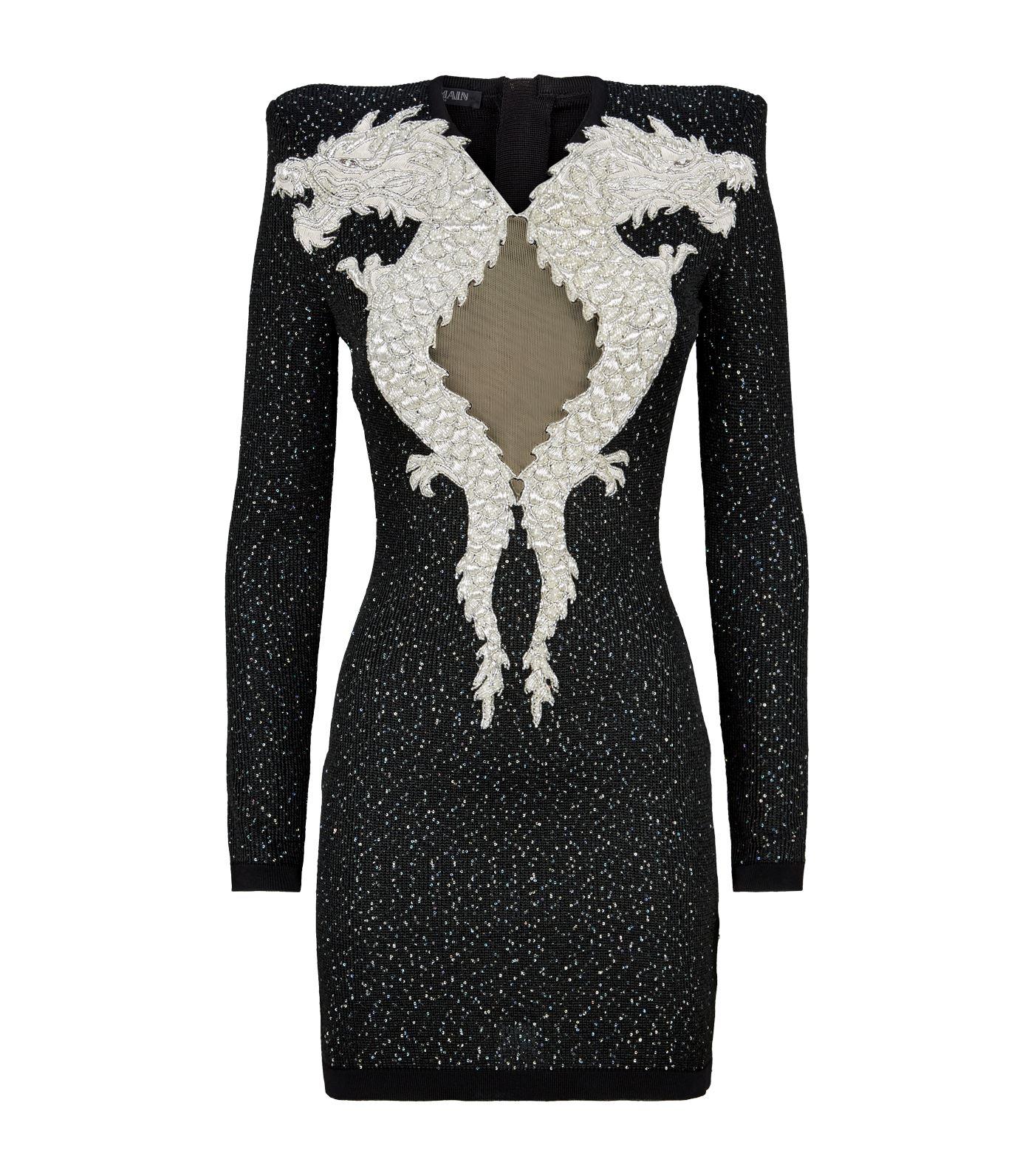 Balmain Long Sleeve Dragon-embellished Sequin Dress in Black | Lyst