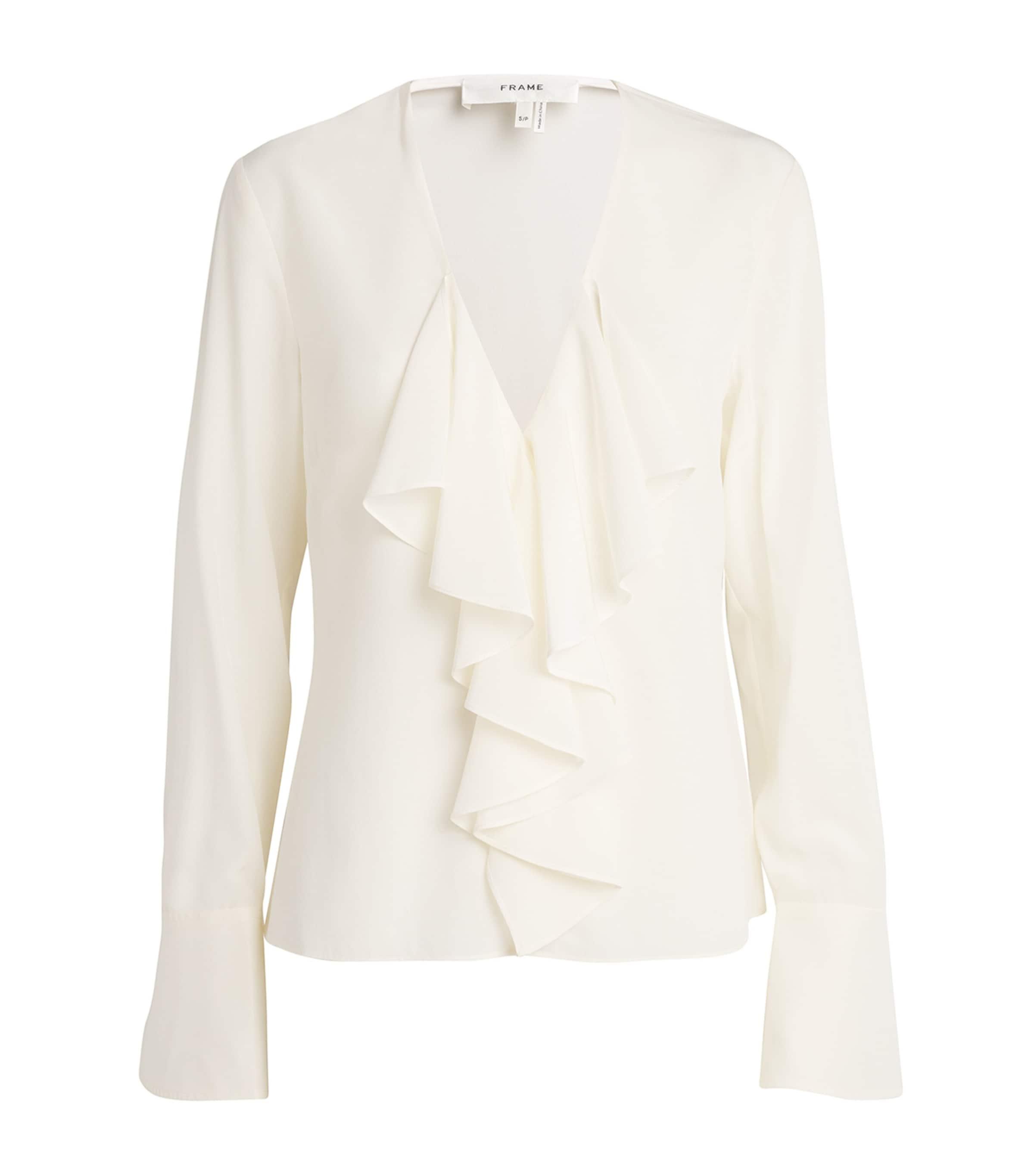 FRAME Silk Ruffle Neck Blouse in White Lyst UK
