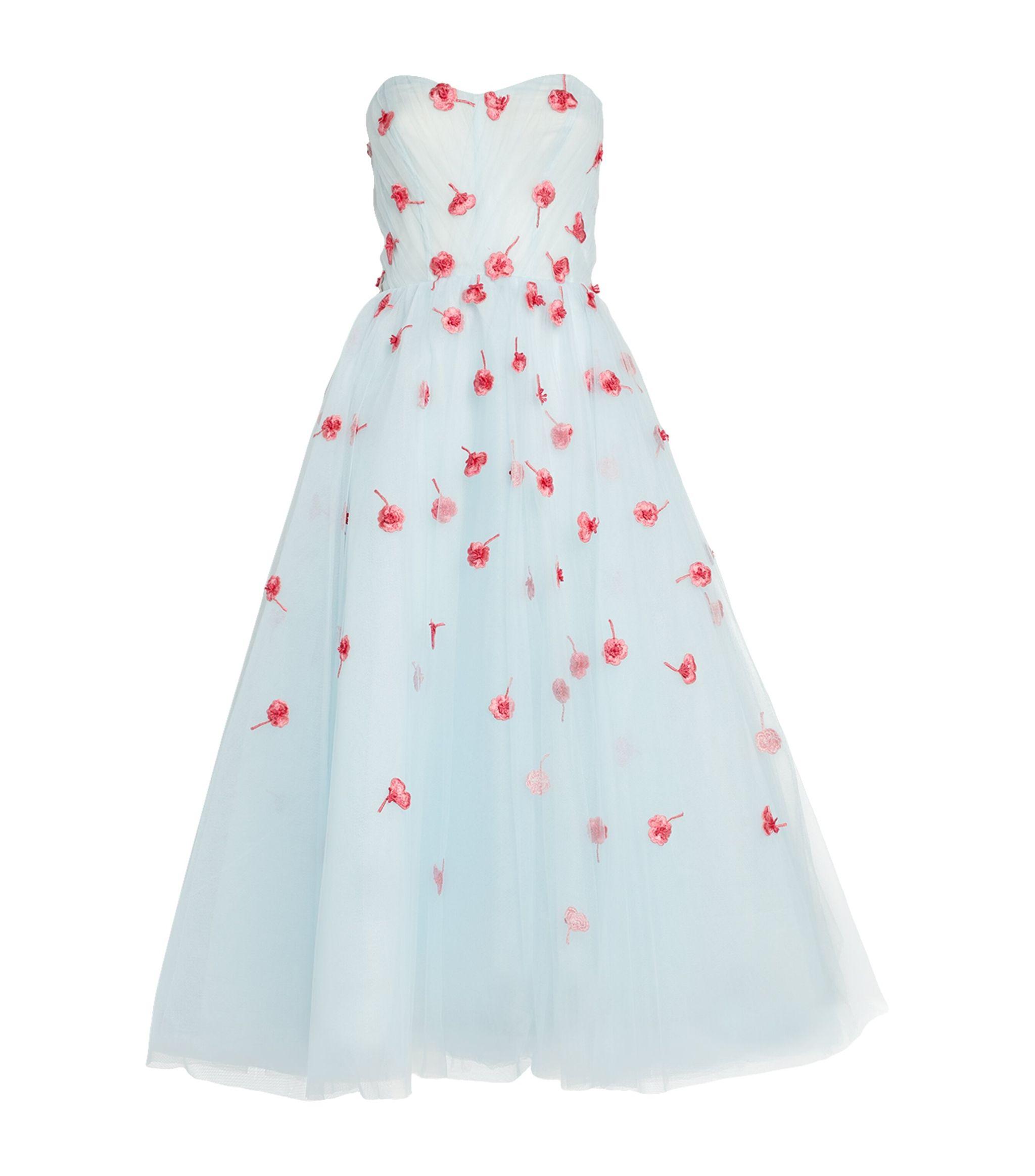 Monique Lhuillier Tulle Embroidered Midi Dress in Blue Lyst