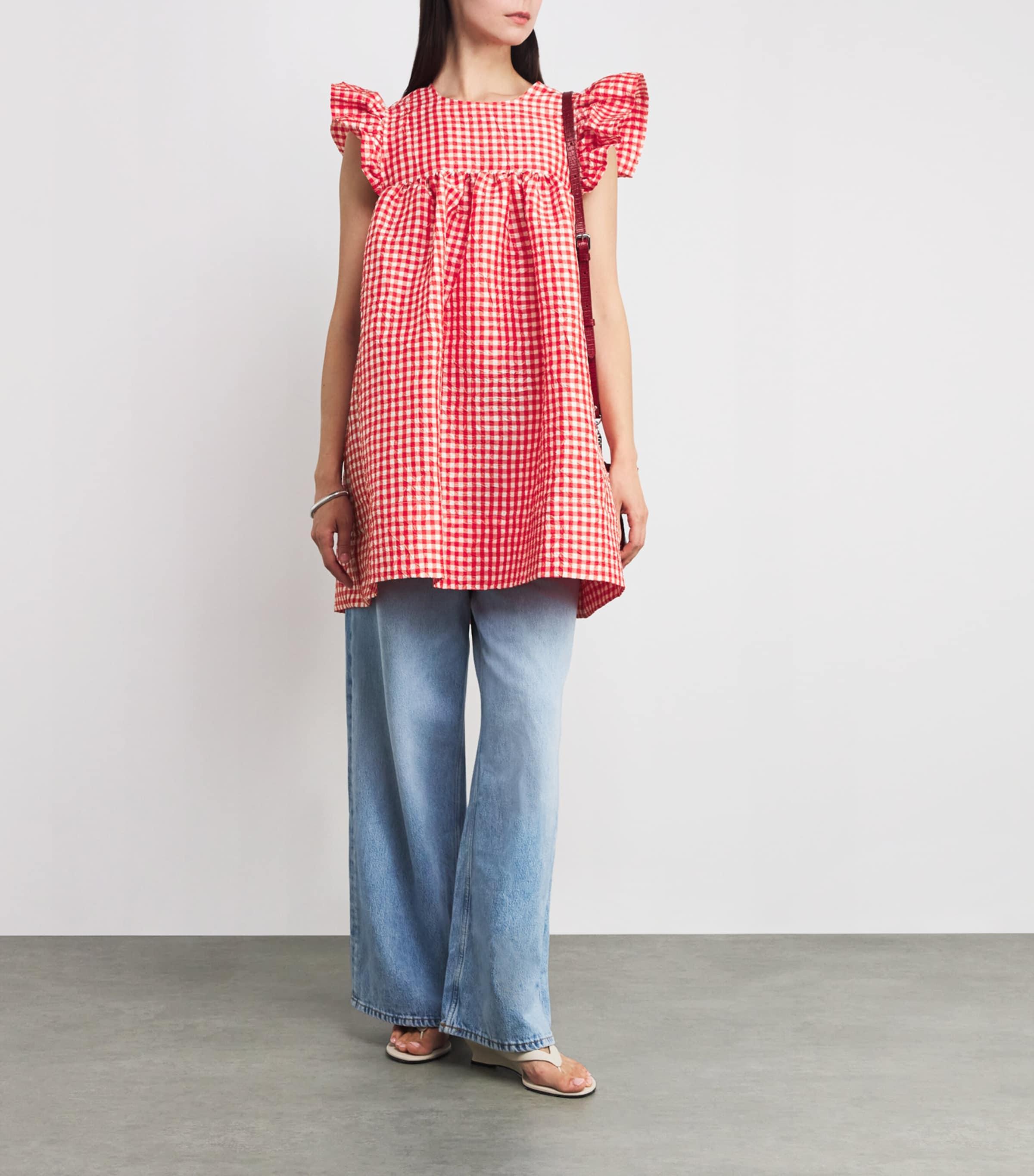 ganni red check mini dress Crinkled Taffeta Check Frill Mini Dress