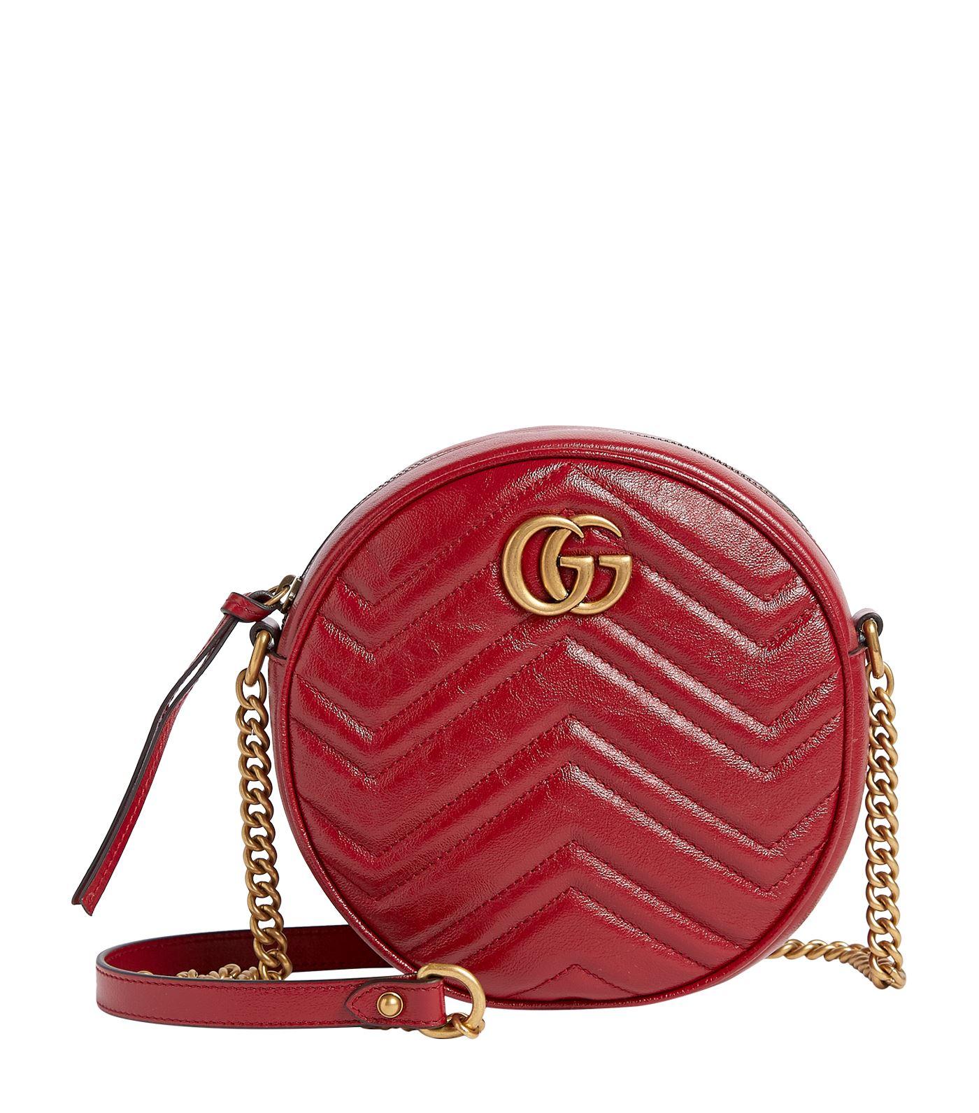 Gucci Leather Mini Round Marmont Matelass Shoulder Bag in Red - Lyst