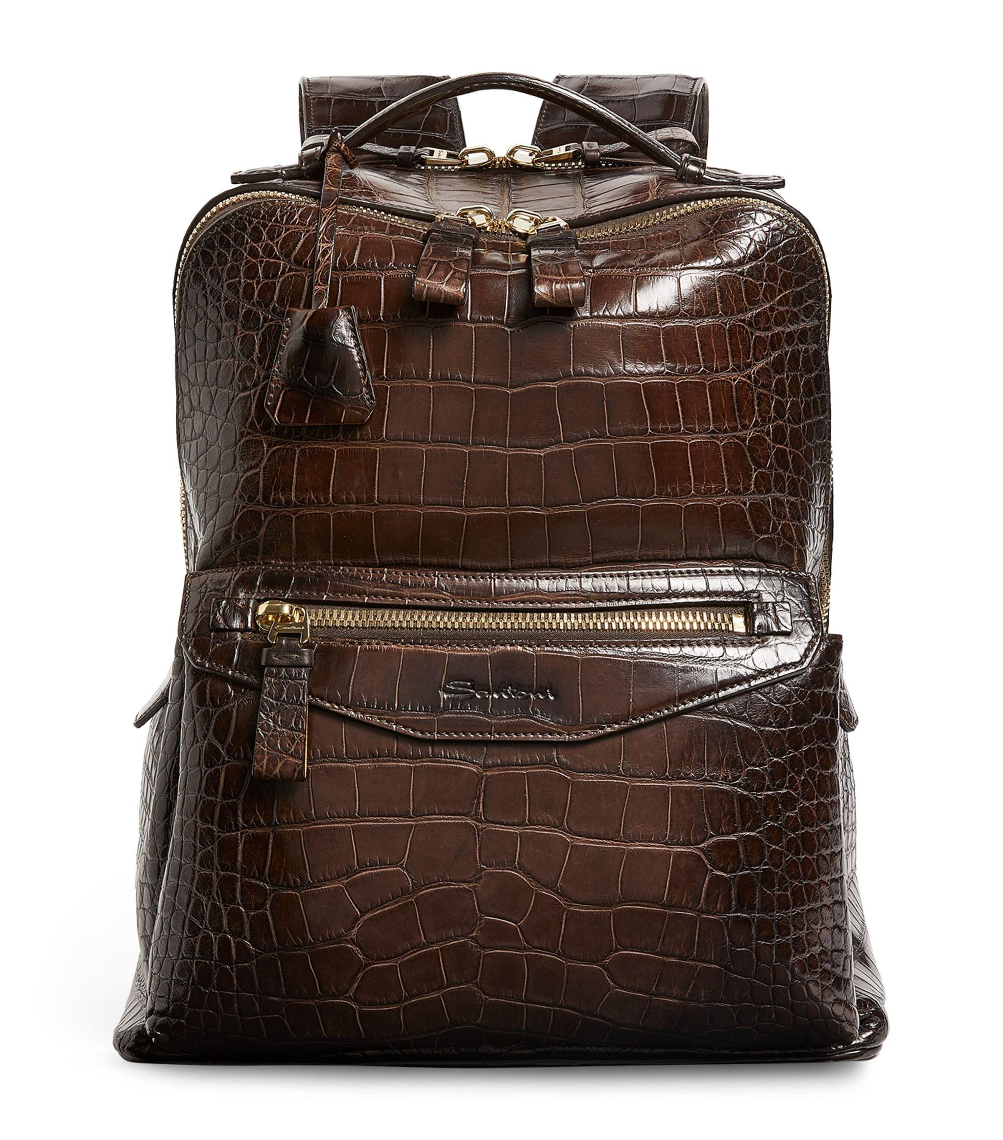 Santoni Crocembossed Leather Backpack in Brown for Men Lyst