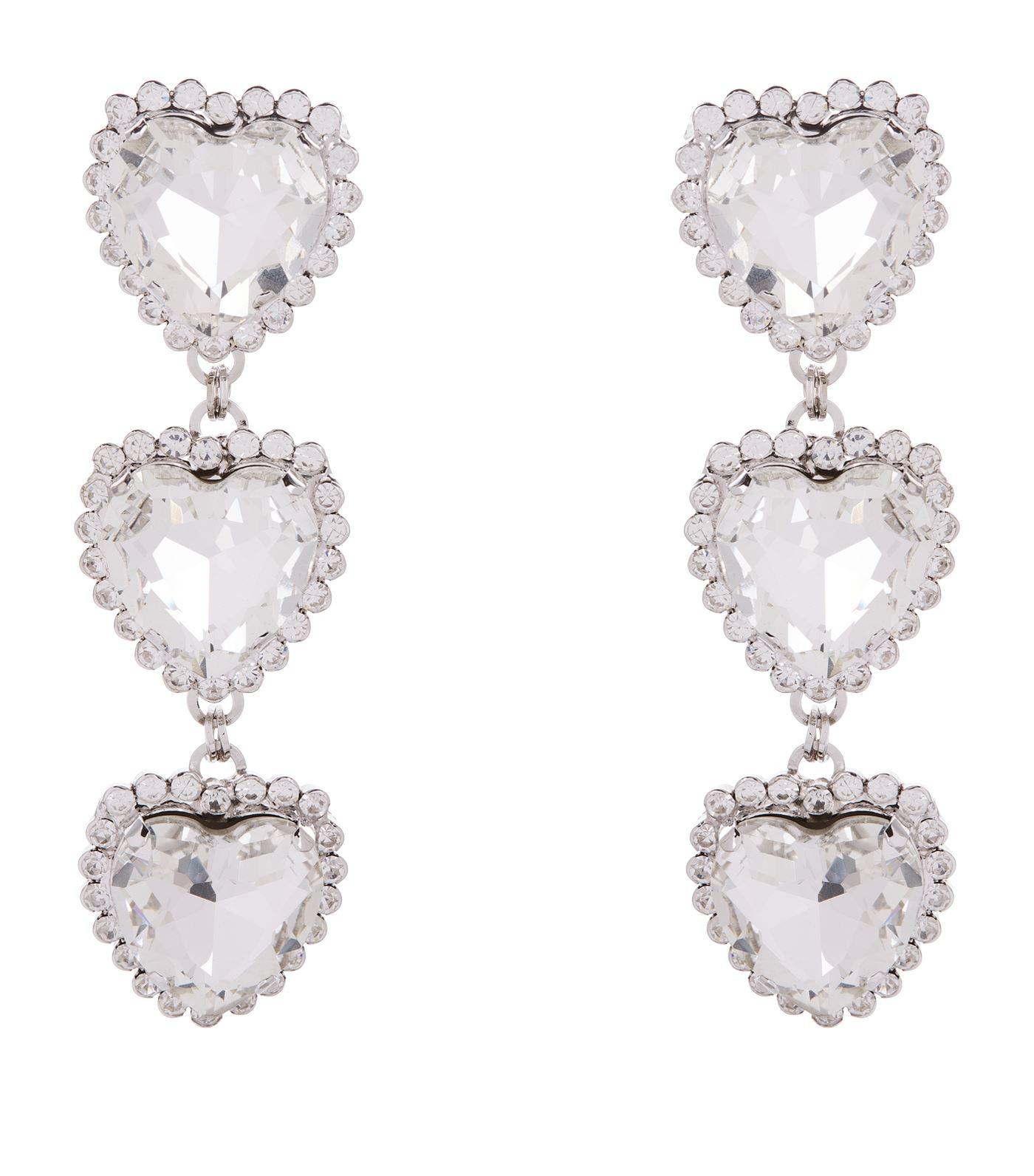 Alessandra Rich Heart Crystal Three Tier Drop Earrings in Silver