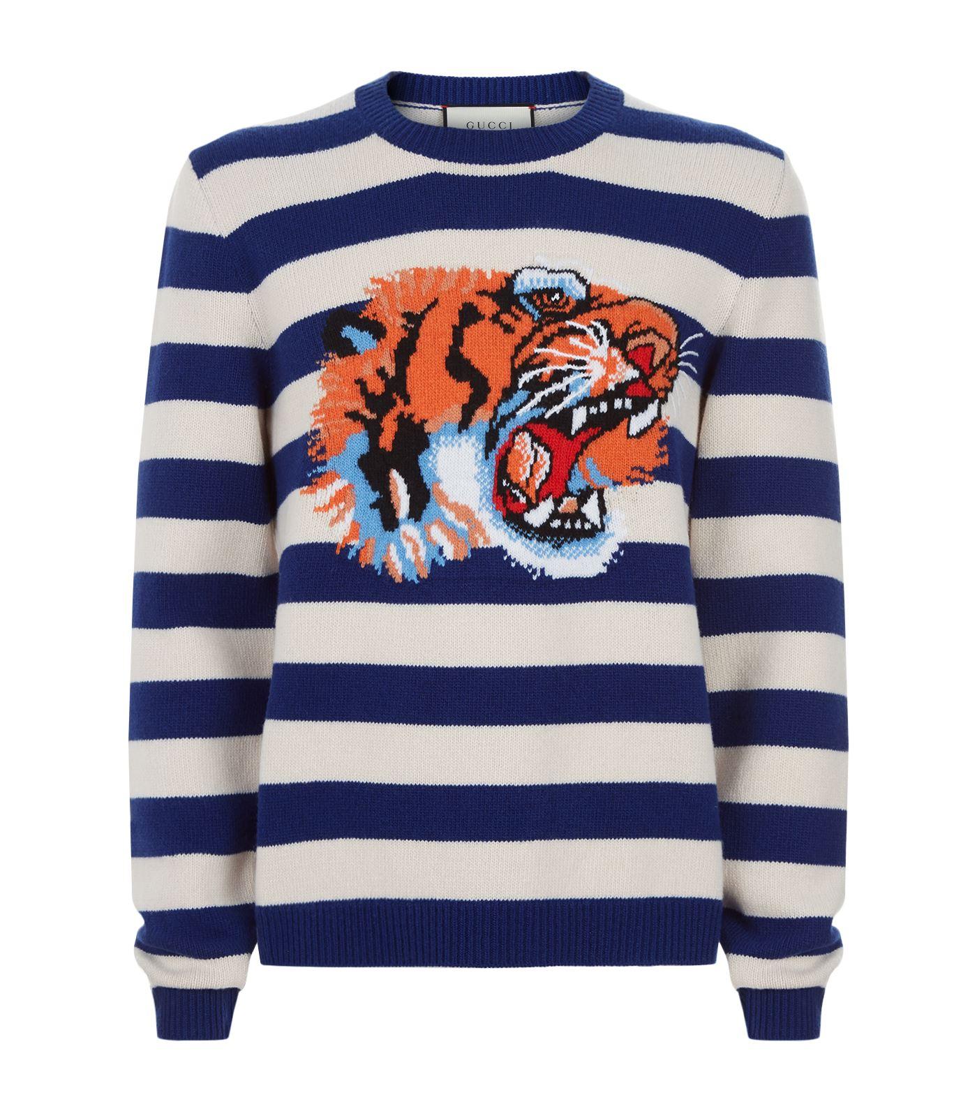 Gucci Striped Wool Sweater With Tiger Head in Blue for Men | Lyst Canada