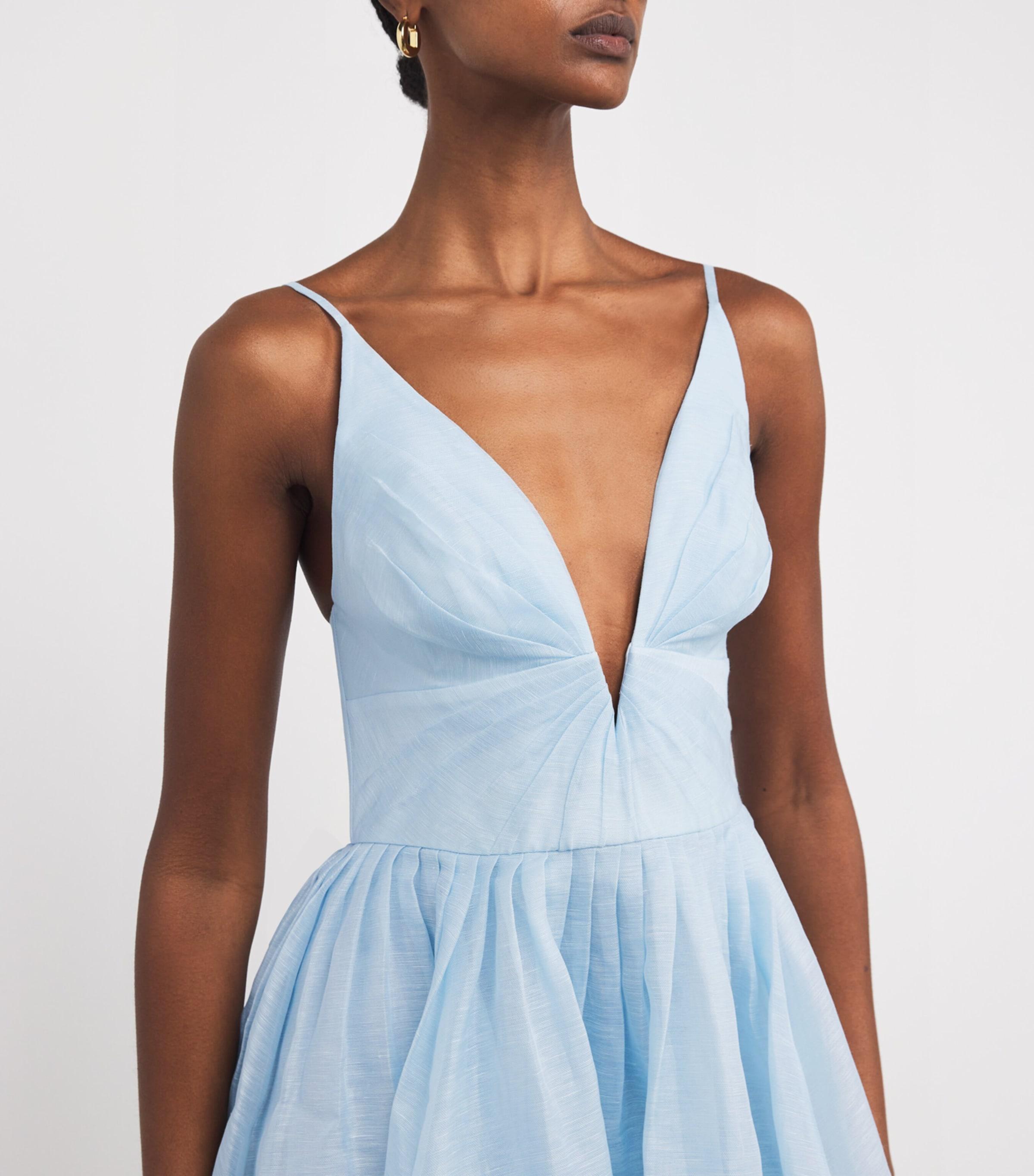 Zimmermann Linen-Silk Plunge-Neck Mini Dress in Blue | Lyst
