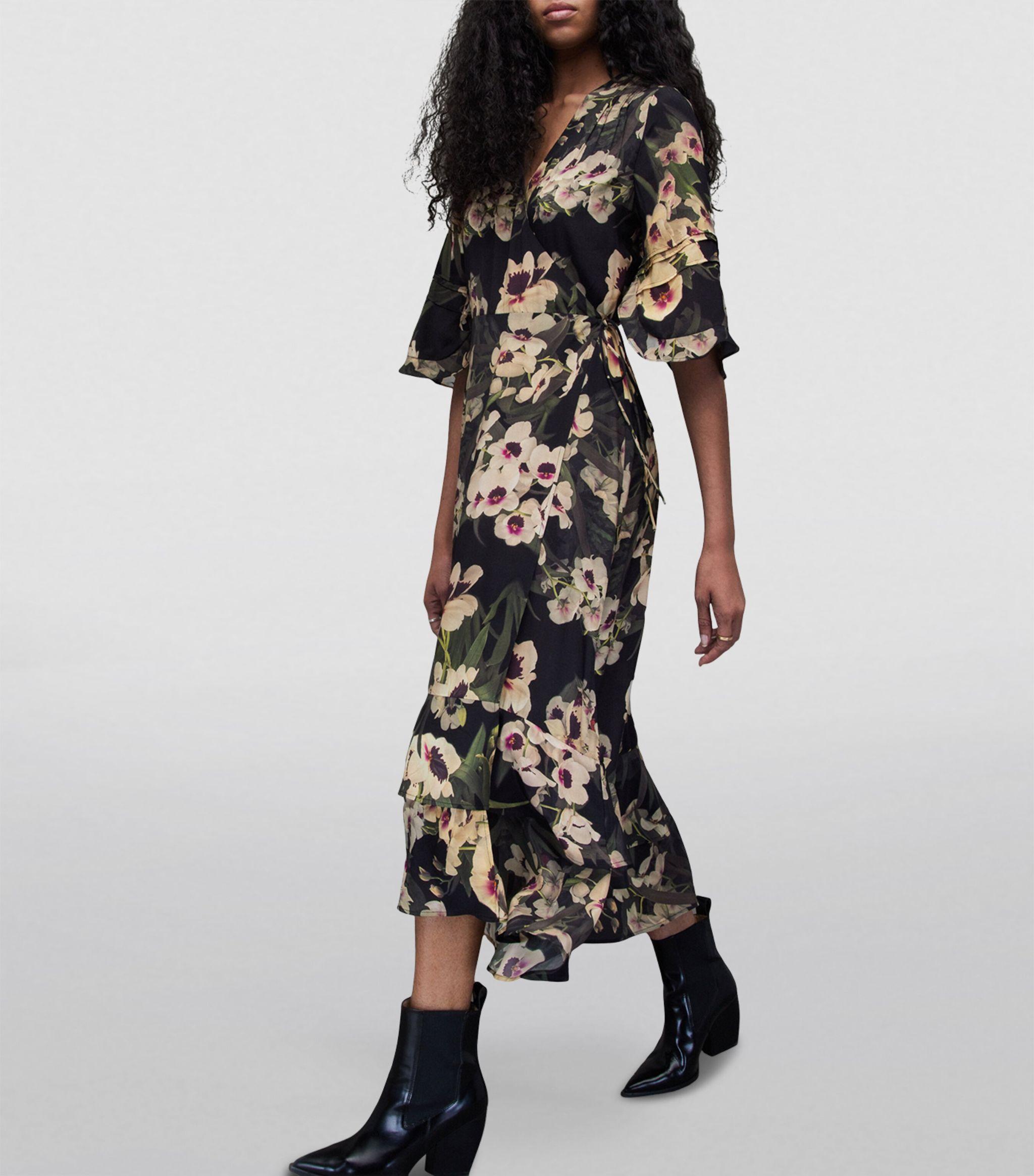 Floral Maxi All Saints Riva Caro Dress Black Floral Button Front V-Neck  Midi Dress  PinkBlush