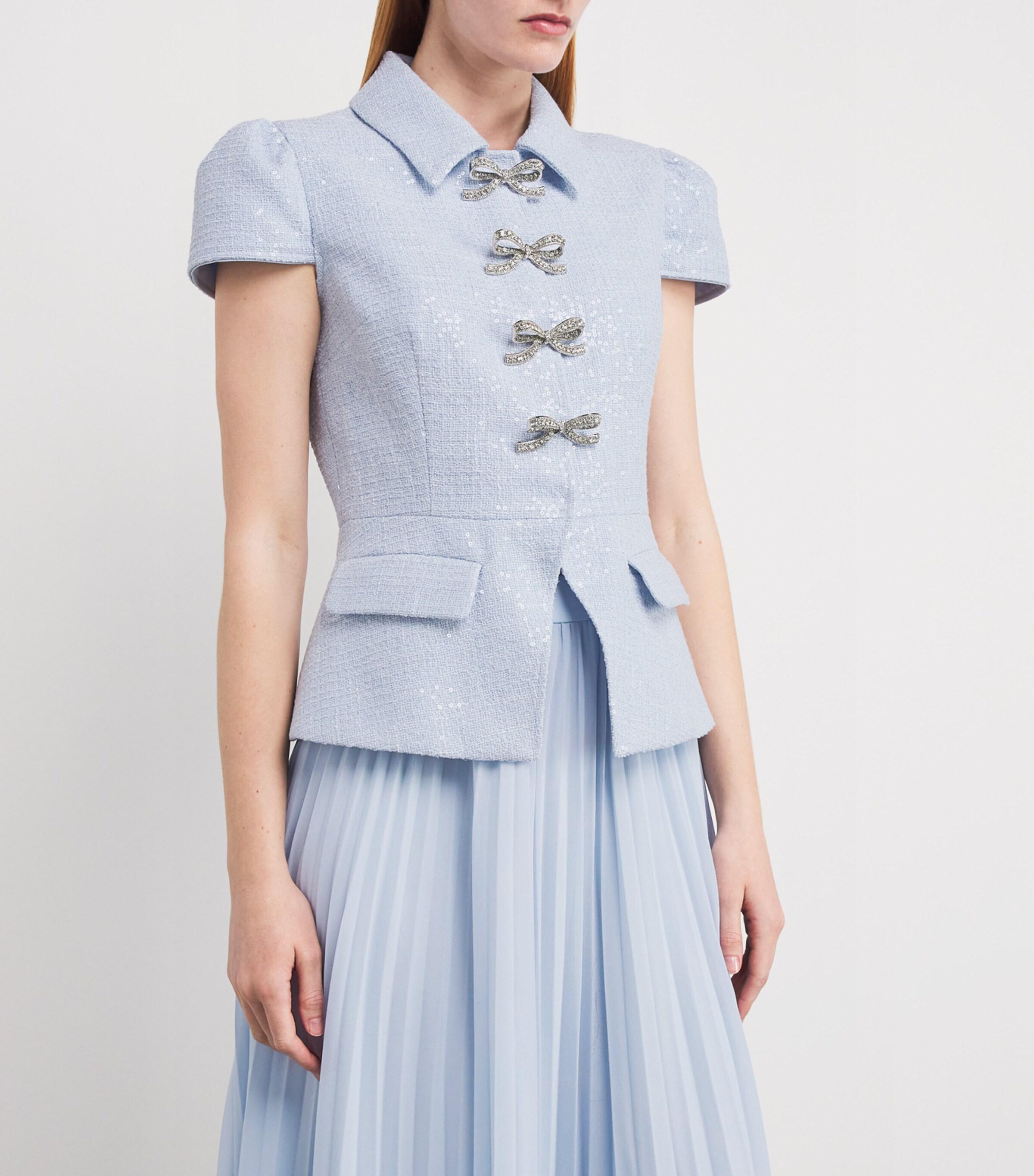 Self-Portrait Boucl-Chiffon Bow Midi Dress in Blue | Lyst Self-Portrait Boucl-Chiffon Bow Midi Dress in Blue | Lyst