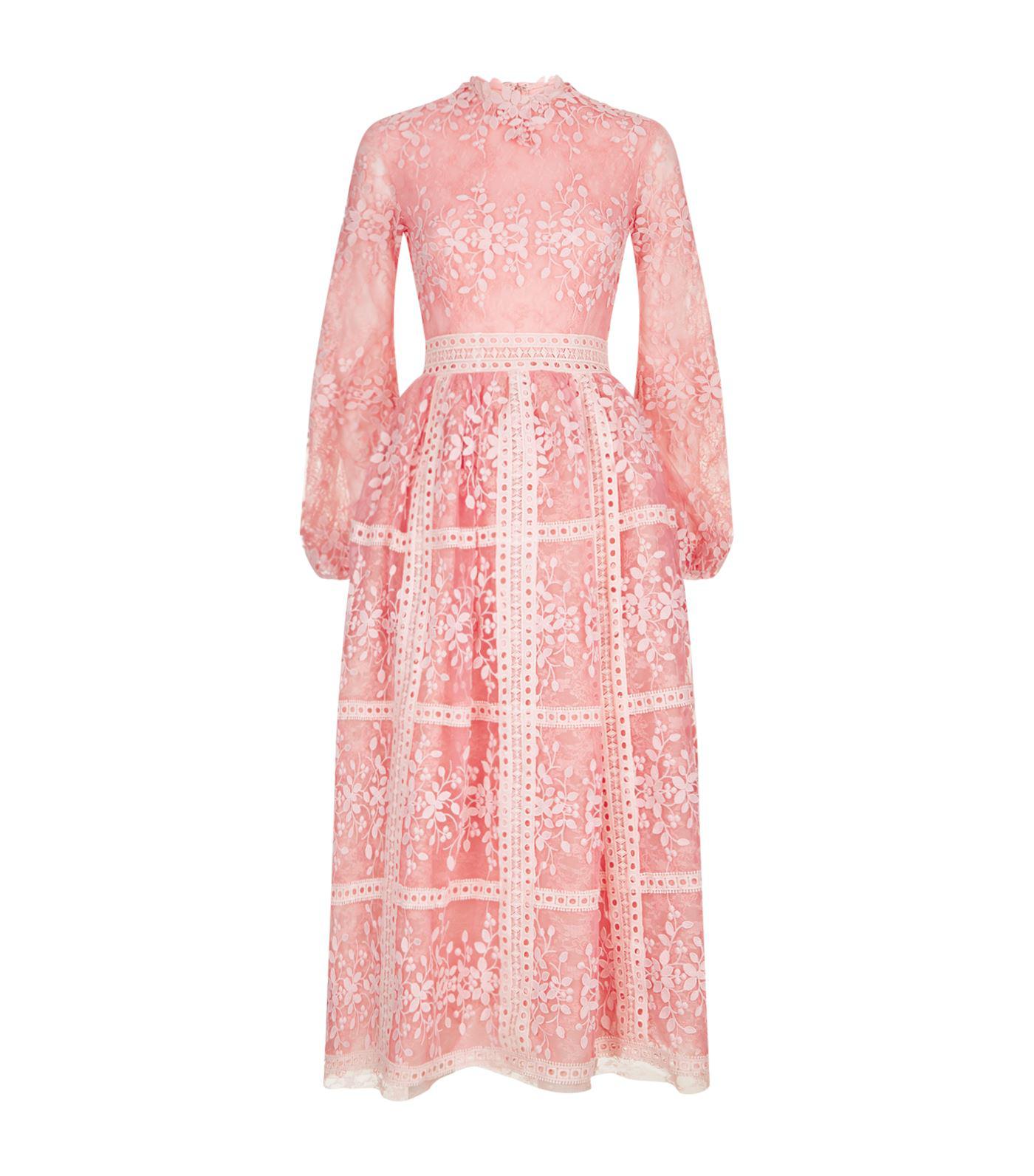 Costarellos Lace Bishop Sleeve Midi Dress in Pink - Lyst