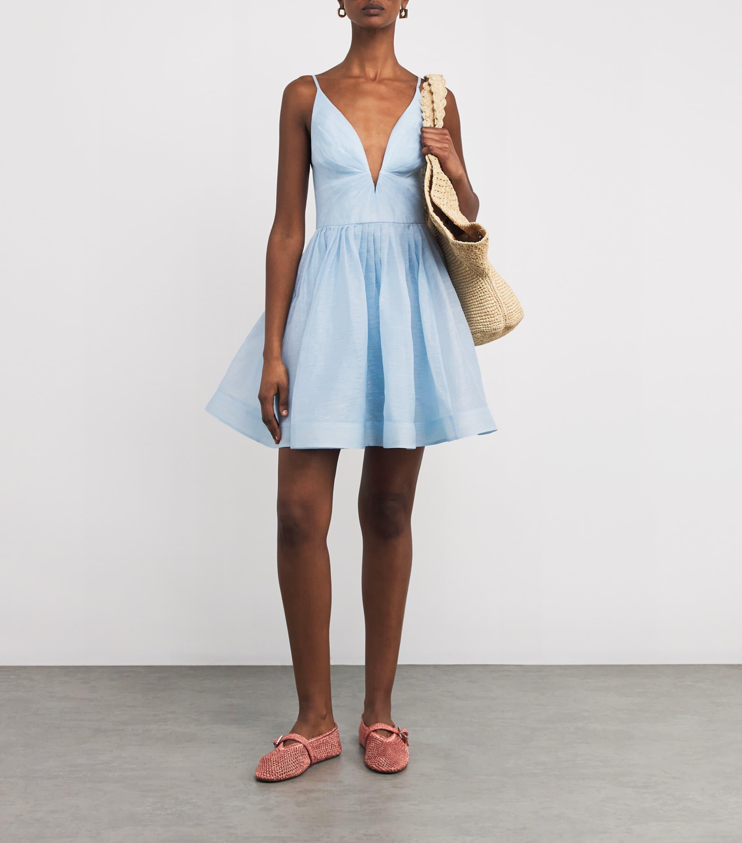 Zimmermann Linen-Silk Plunge-Neck Mini Dress in Blue | Lyst