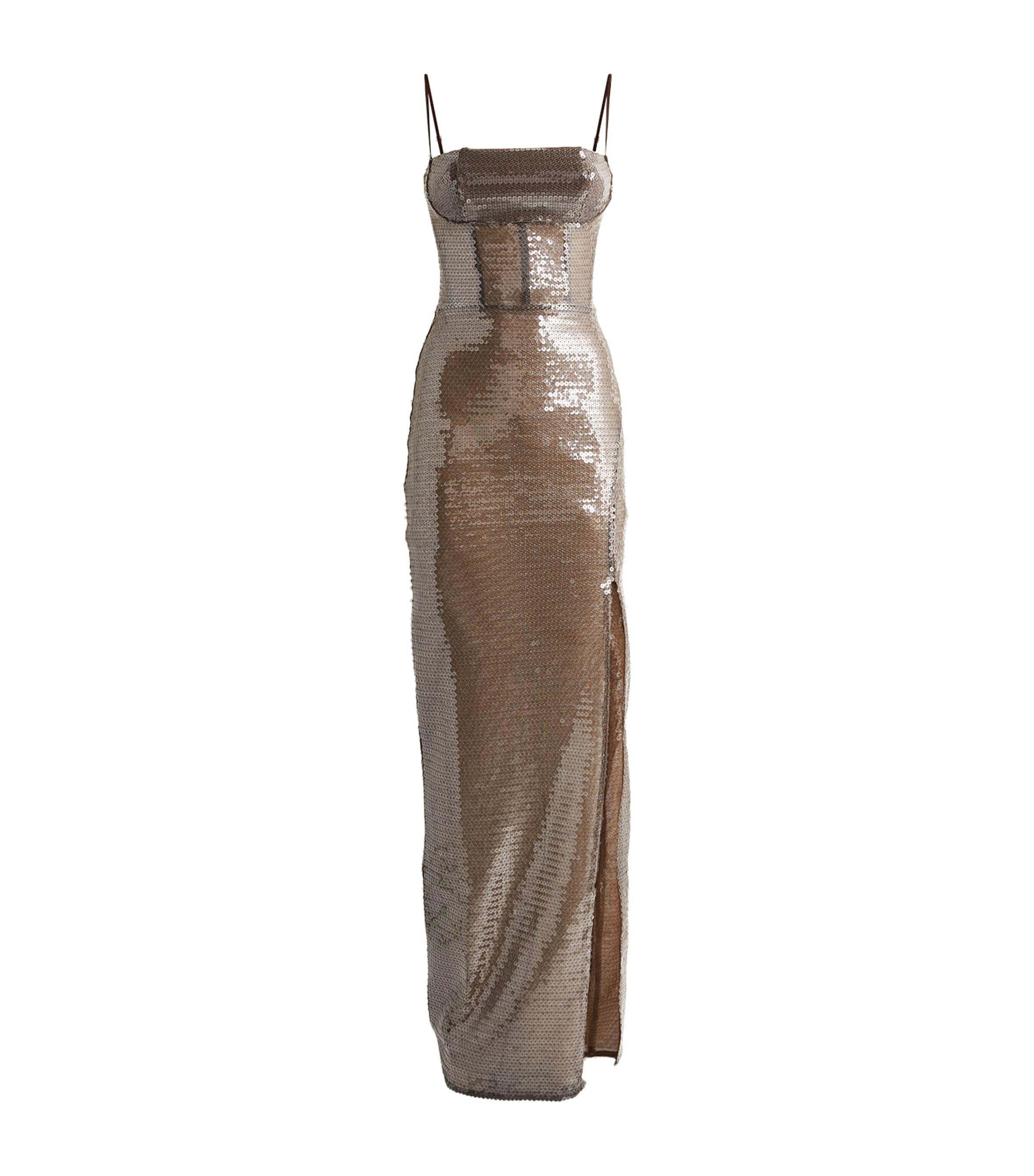 gold metallic dress Strappy-Back Long Metallic Prom Dress with Cut Outs Light Blue Foil / XSmall