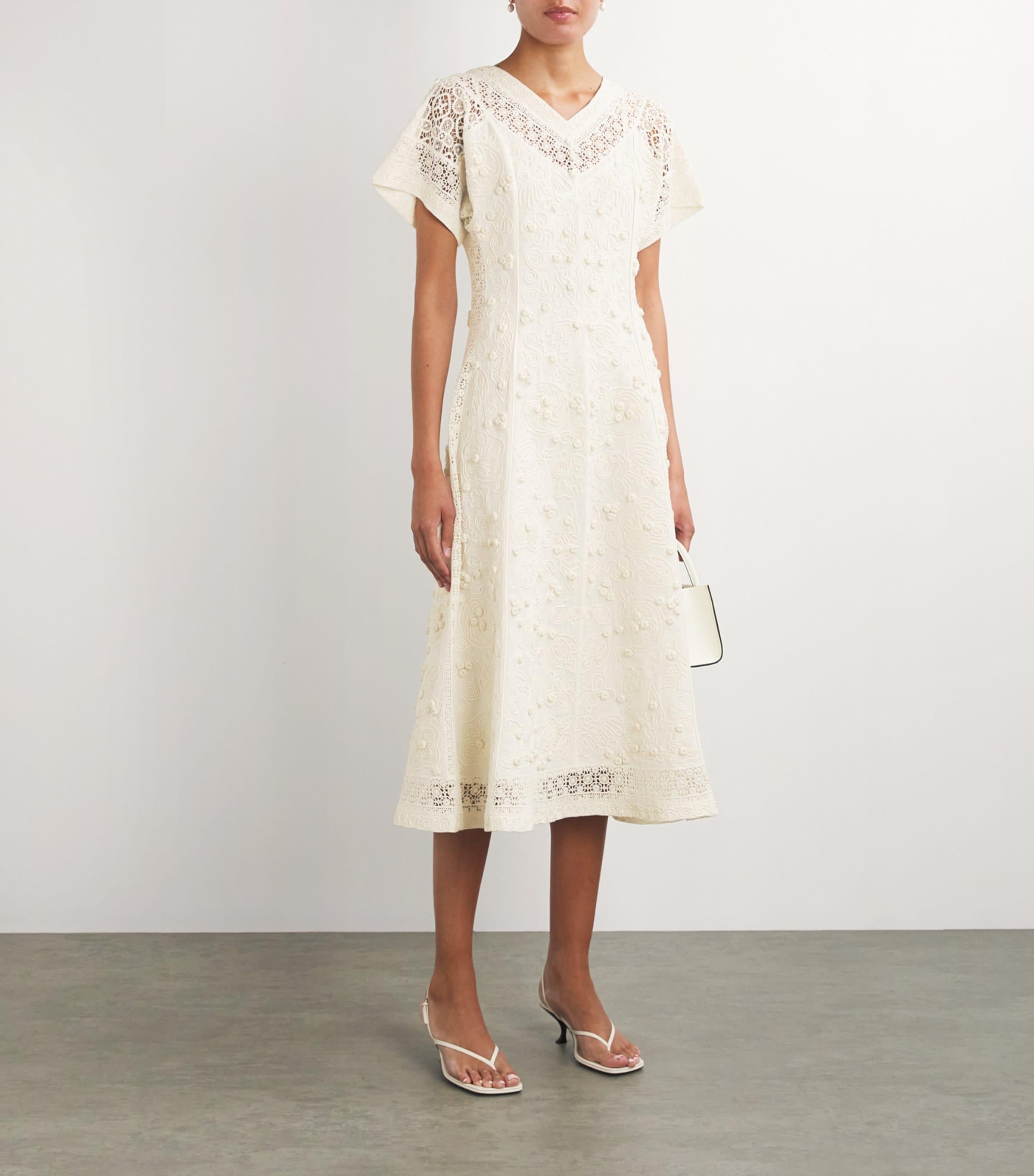 Tory Burch Linen-Cotton Embroidered Midi Dress in Natural