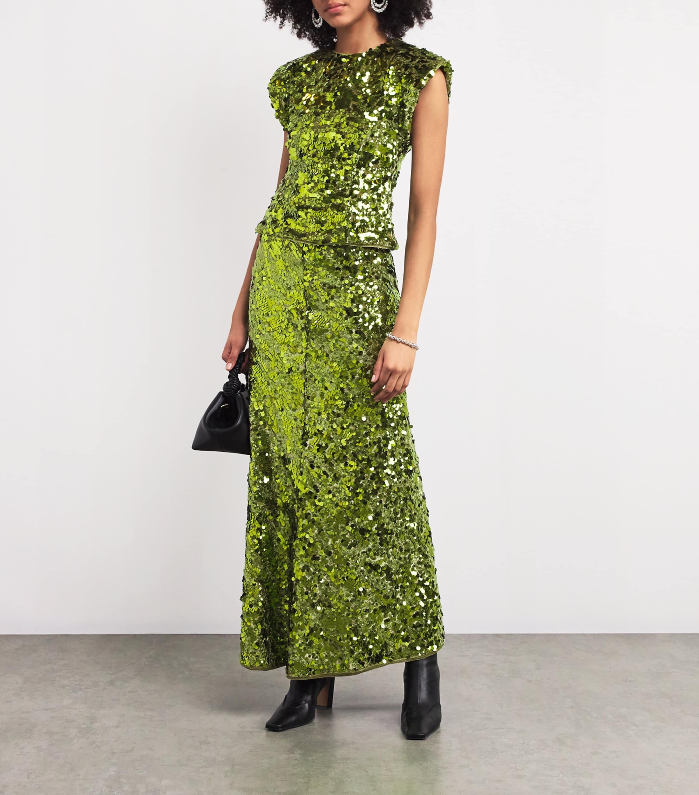 ganni green sequin dress Sequined ruched midi dress in multicoloured - Ganni
