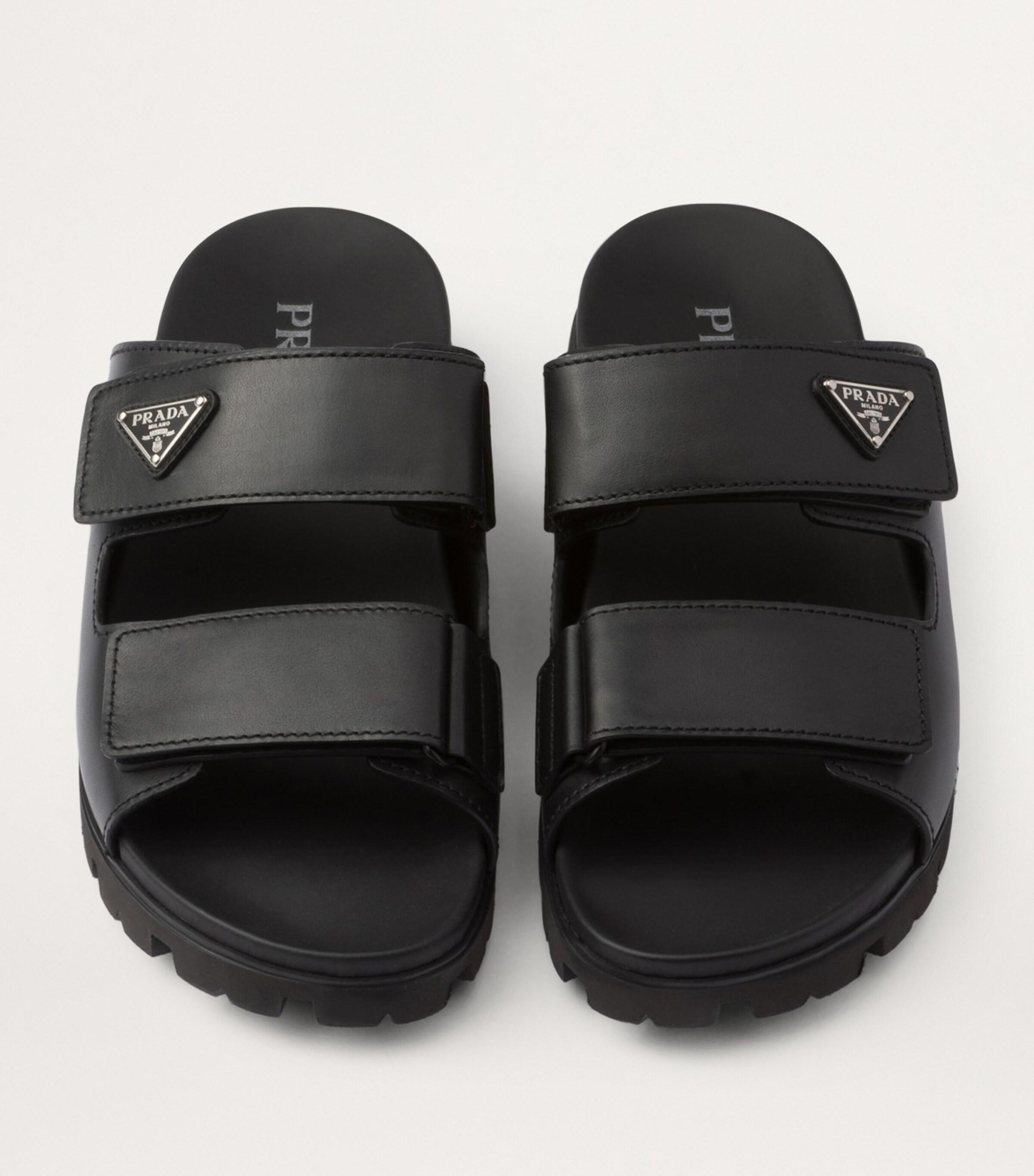 Prada Leather Logo-Plaque Sandals in Black for Men | Lyst UK