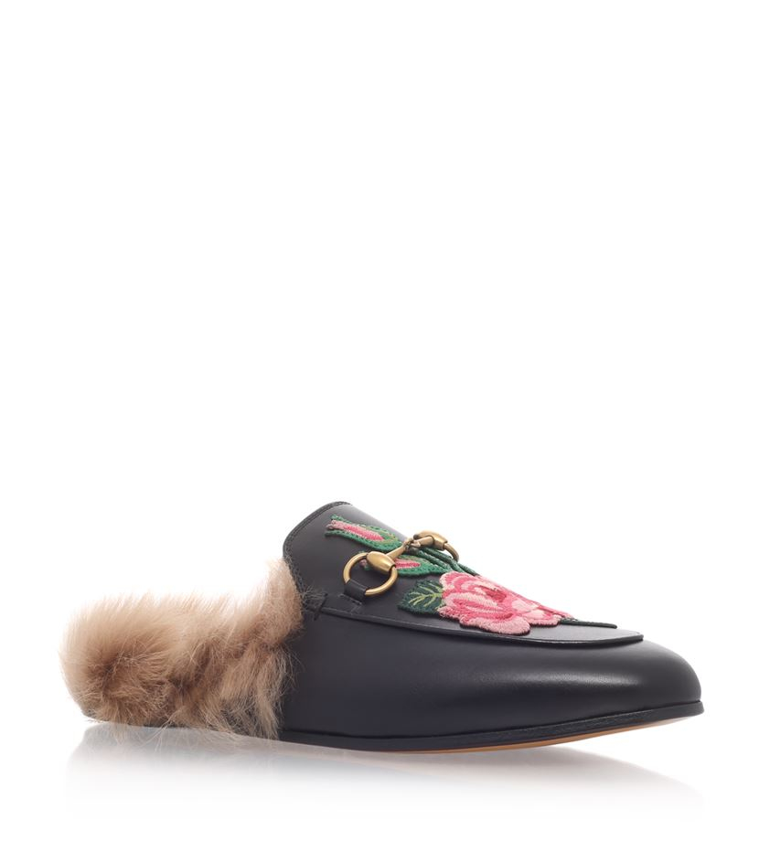 Gucci Princetown Embroidered Fur Slide Loafers | Lyst