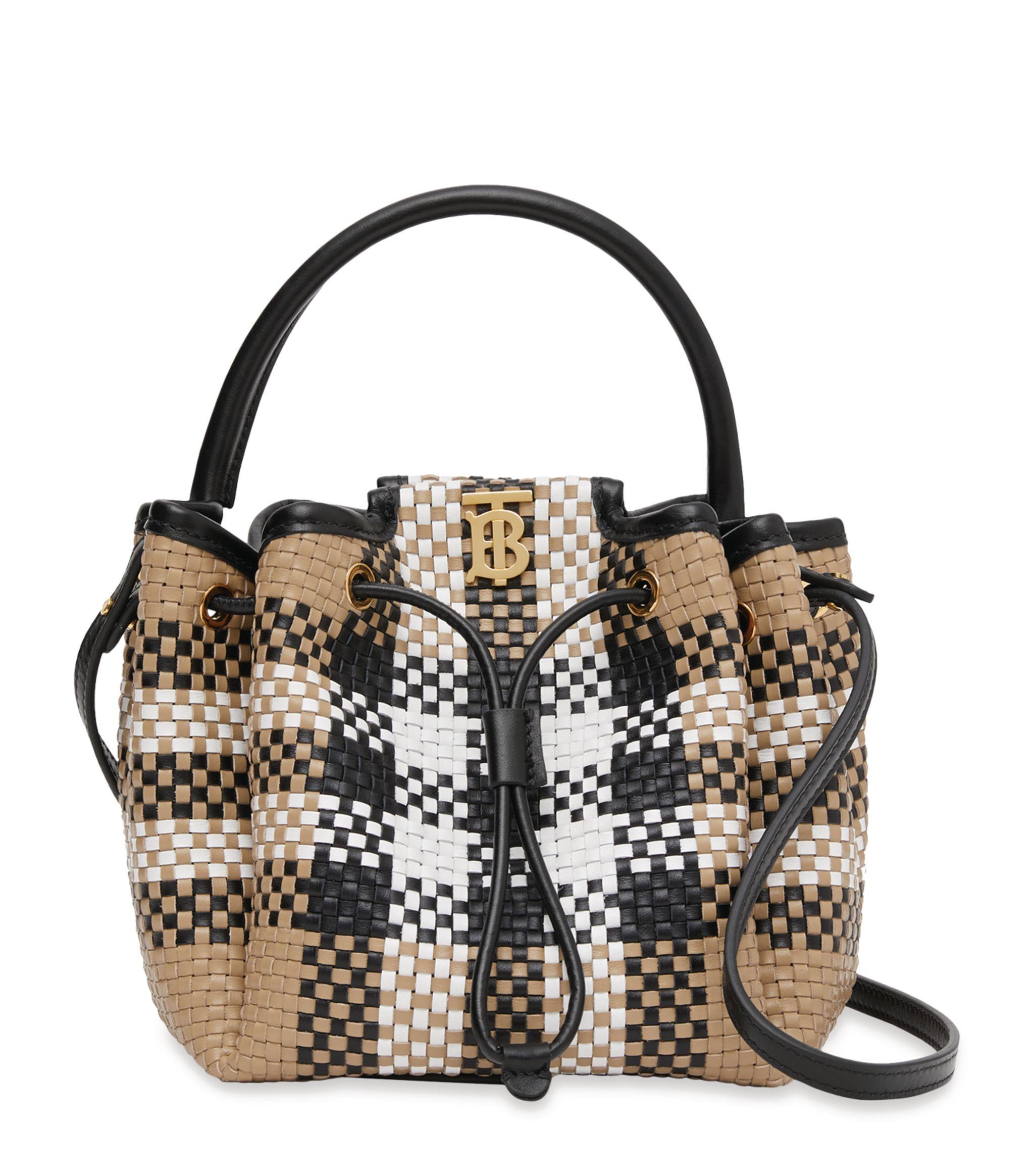 Burberry Leather Woven Check Tb Bucket Bag in Natural - Lyst