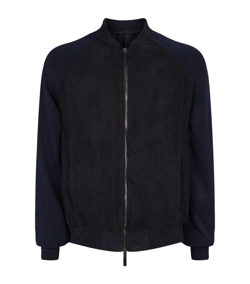 Giorgio armani Perforated Knitted Sleeve Bomber Jacket in Blue for Men ...