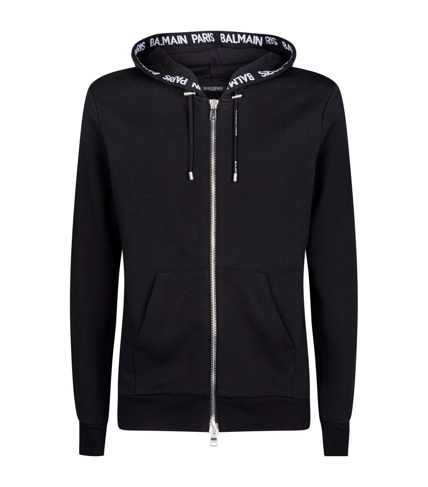 Balmain Cotton Logo Zip-up Hoodie in Black for Men - Lyst