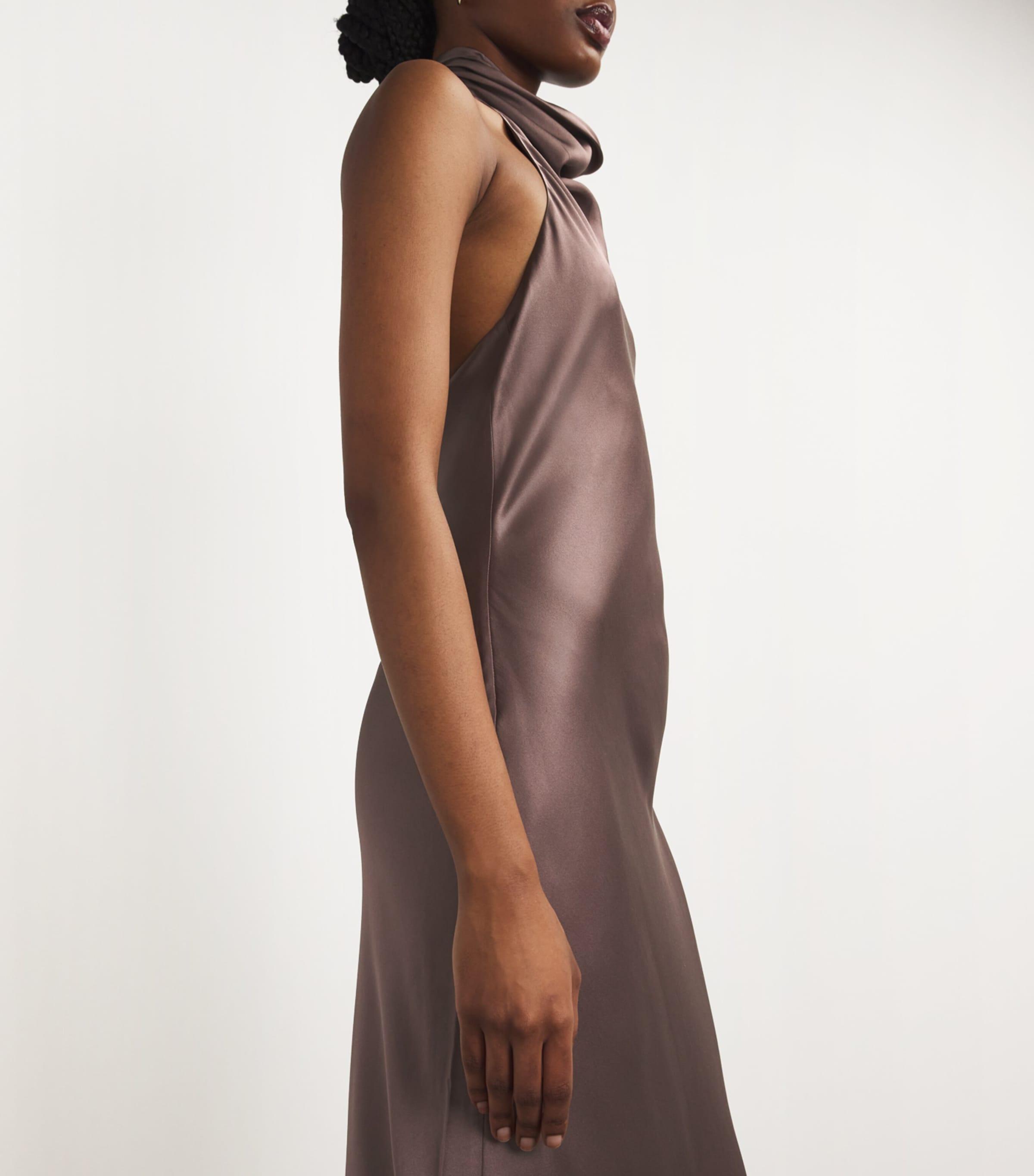 black satin backless maxi dress MAREN SATIN HALTER MAXI Dress | Tie-Neck Wedding Guest Dress