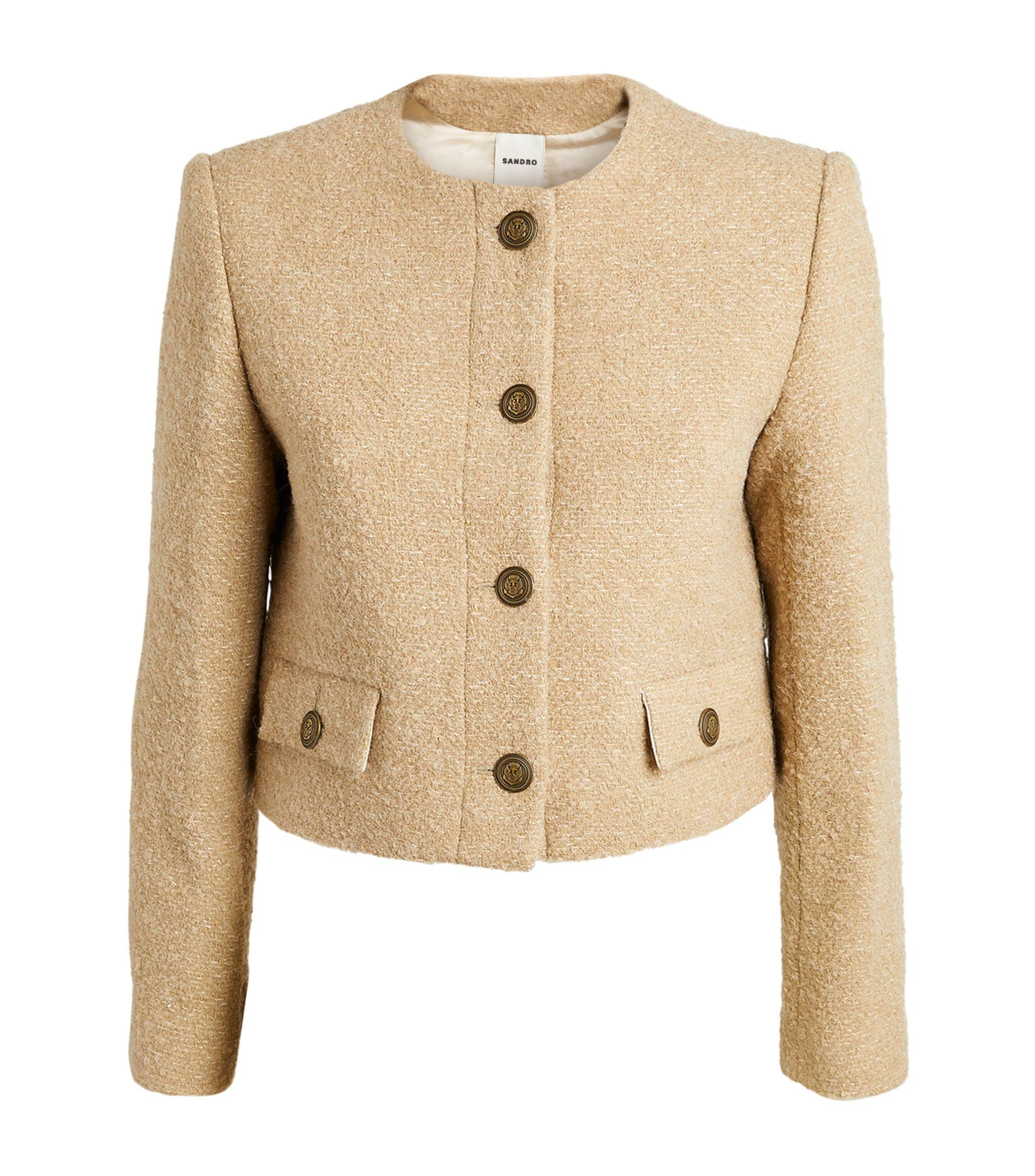Sandro Tweed Cropped Jacket in Natural | Lyst