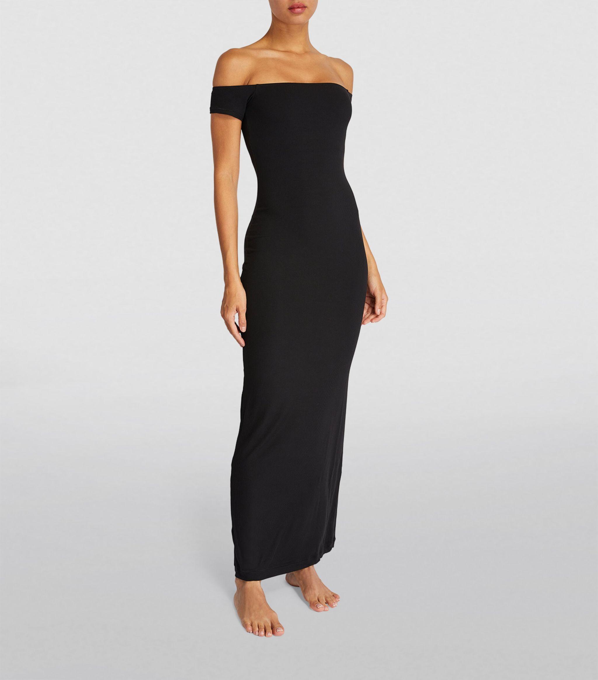 Skims Soft Lounge Off-shoulder Slip Dress in Black | Lyst Skims Soft Lounge Off-shoulder Slip Dress in Black | Lyst