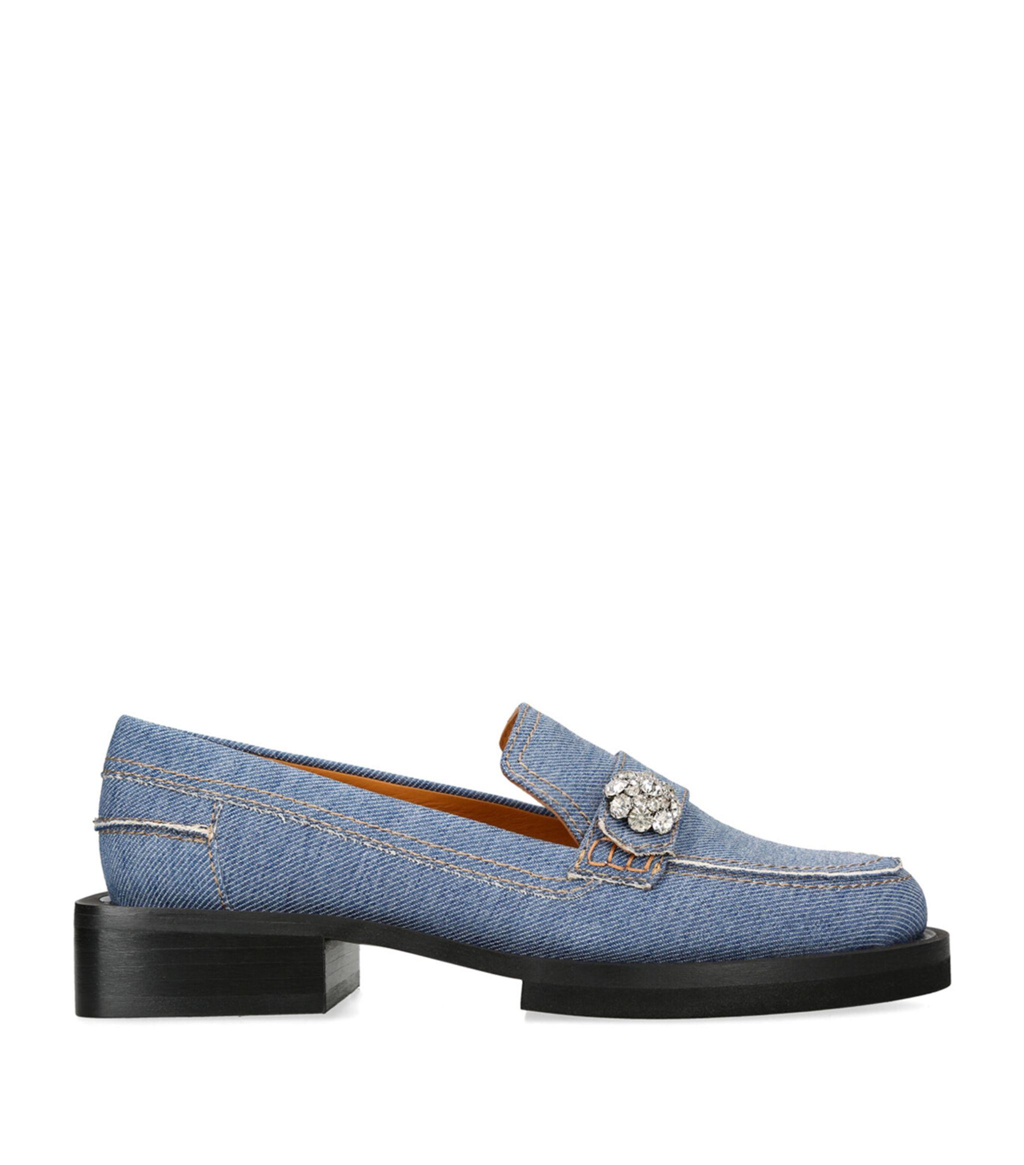 Ganni Denim Jewel-embellished Loafers in Blue | Lyst