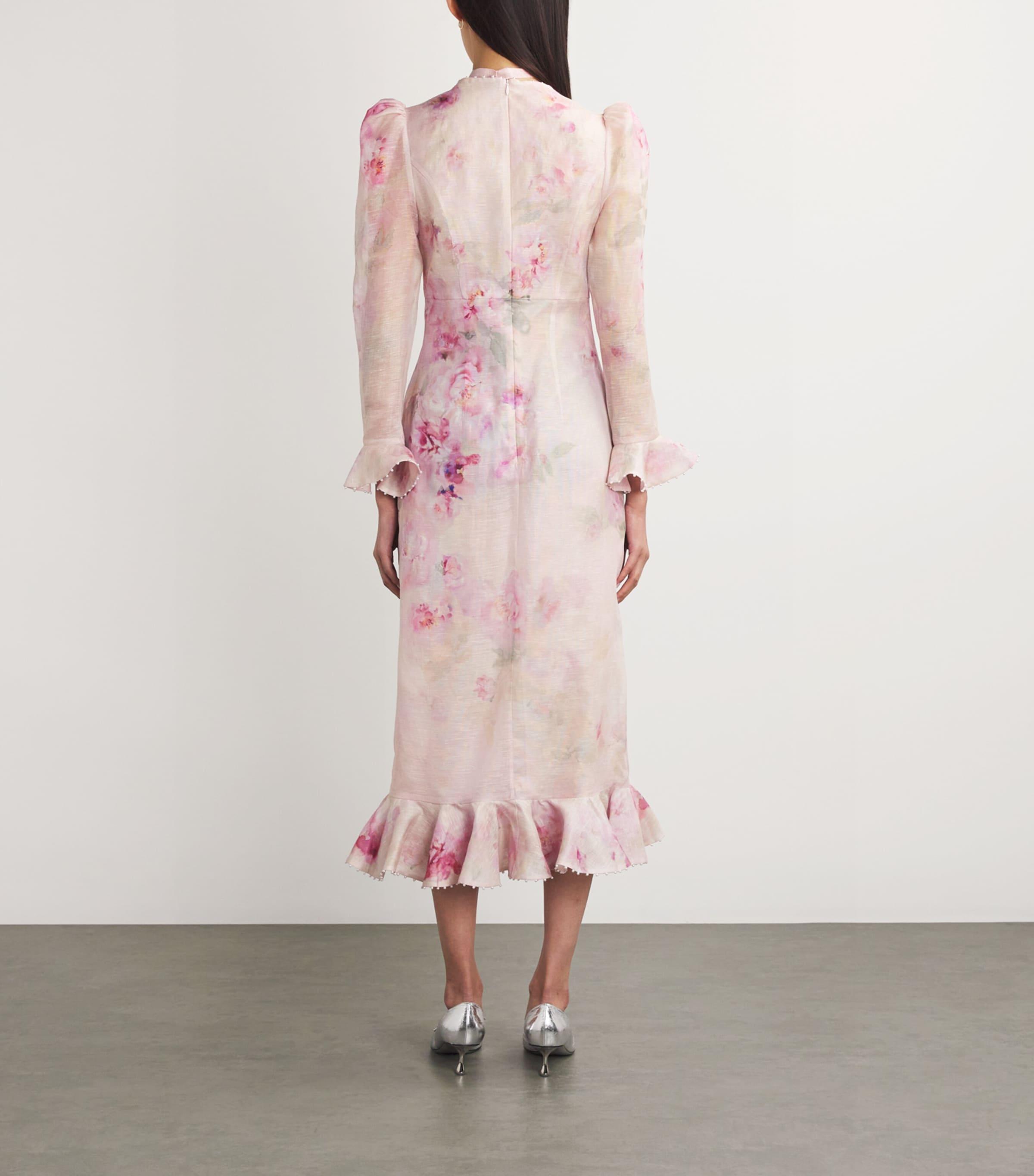ワンピース Zimmermann Pink Silk Linen Midi Dress Zimmermann Linen-Silk Floral-Embellished Midi Dress in Pink